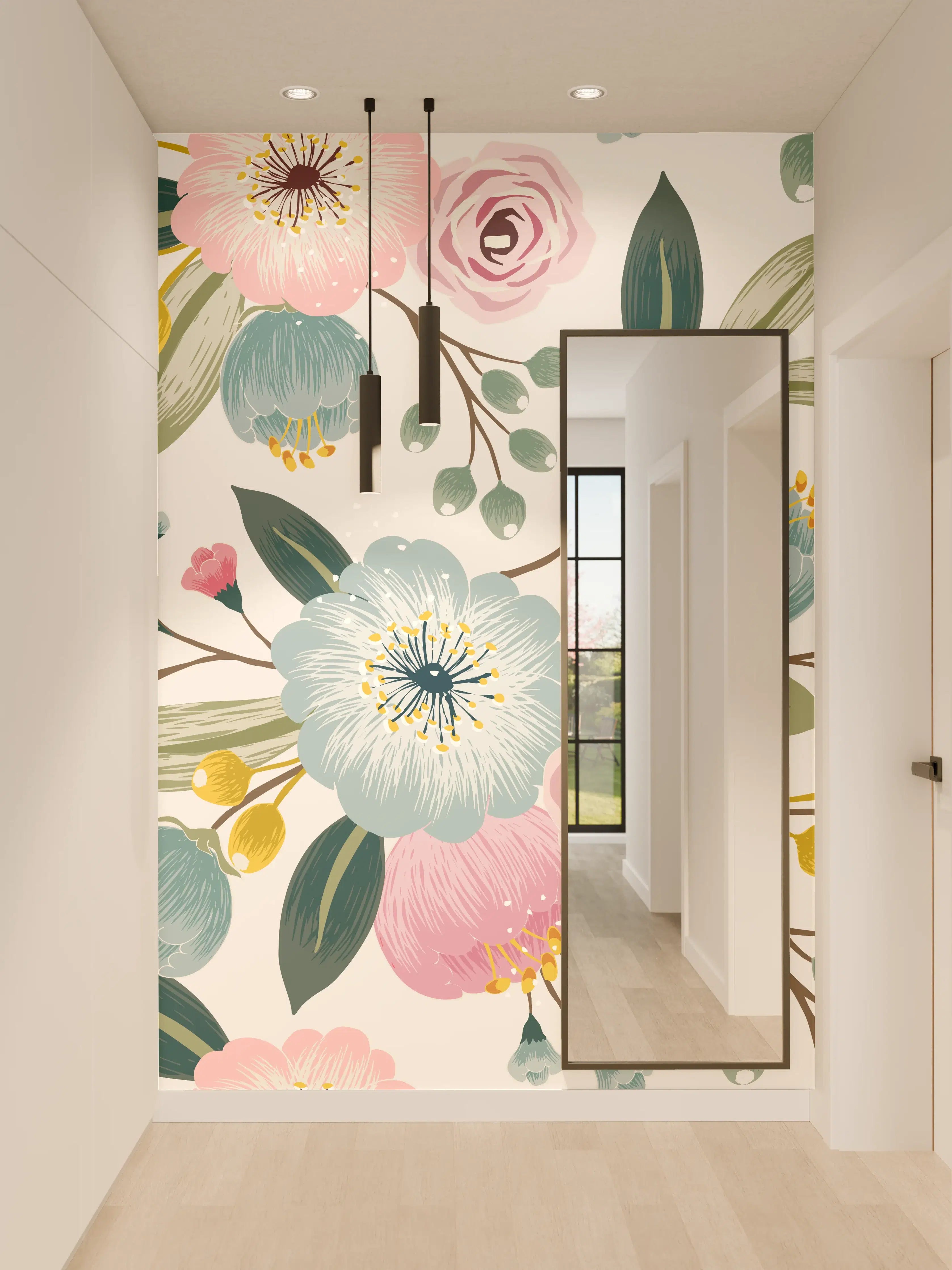 Wandverkleidung Flur - Rosa Blumenmuster Tapete