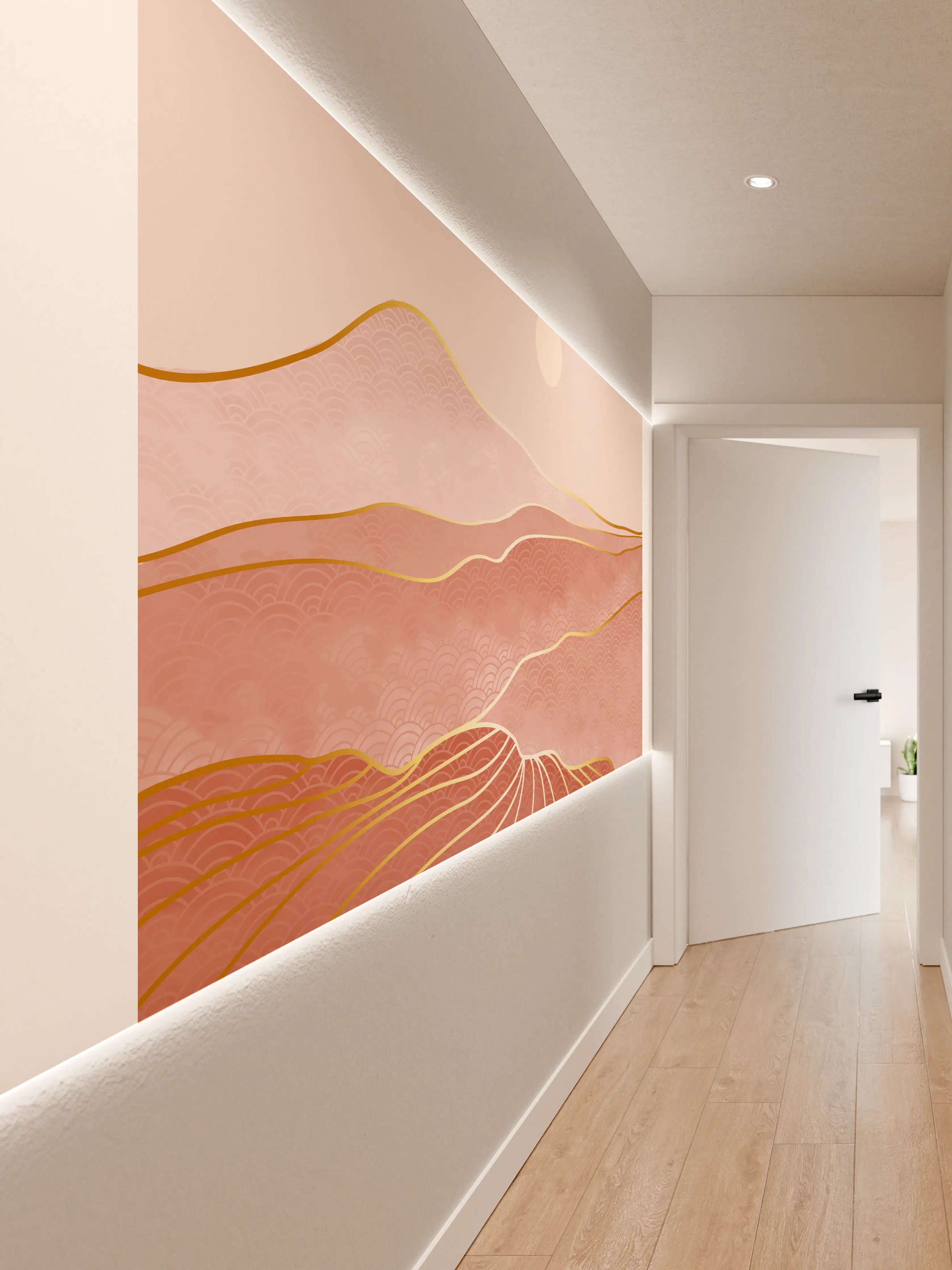 Wandverkleidung Flur - Rosa-Hügellandschaft bei Sonnenuntergang