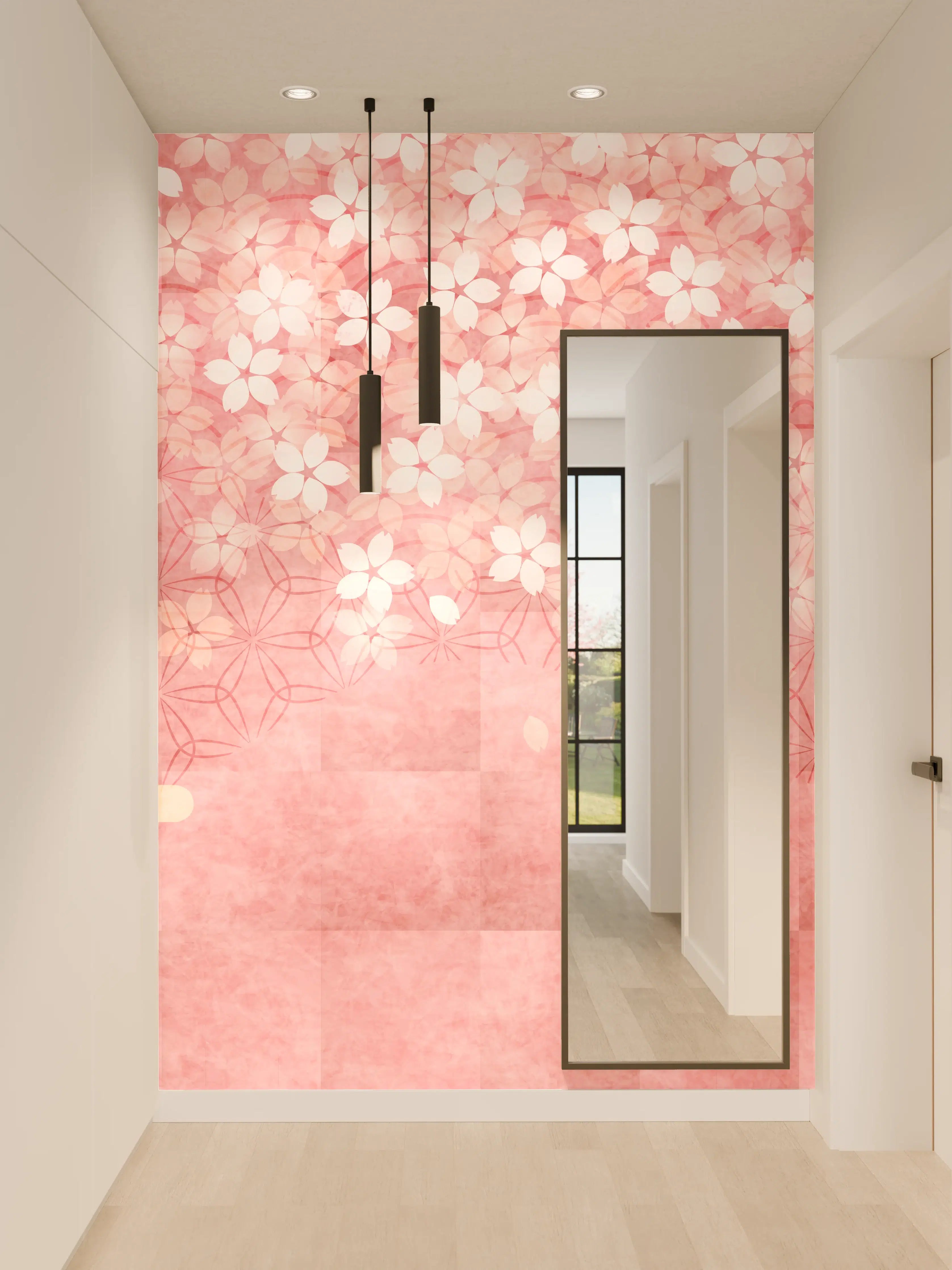 Wandverkleidung Flur - Rosa Kirschblüten Muster