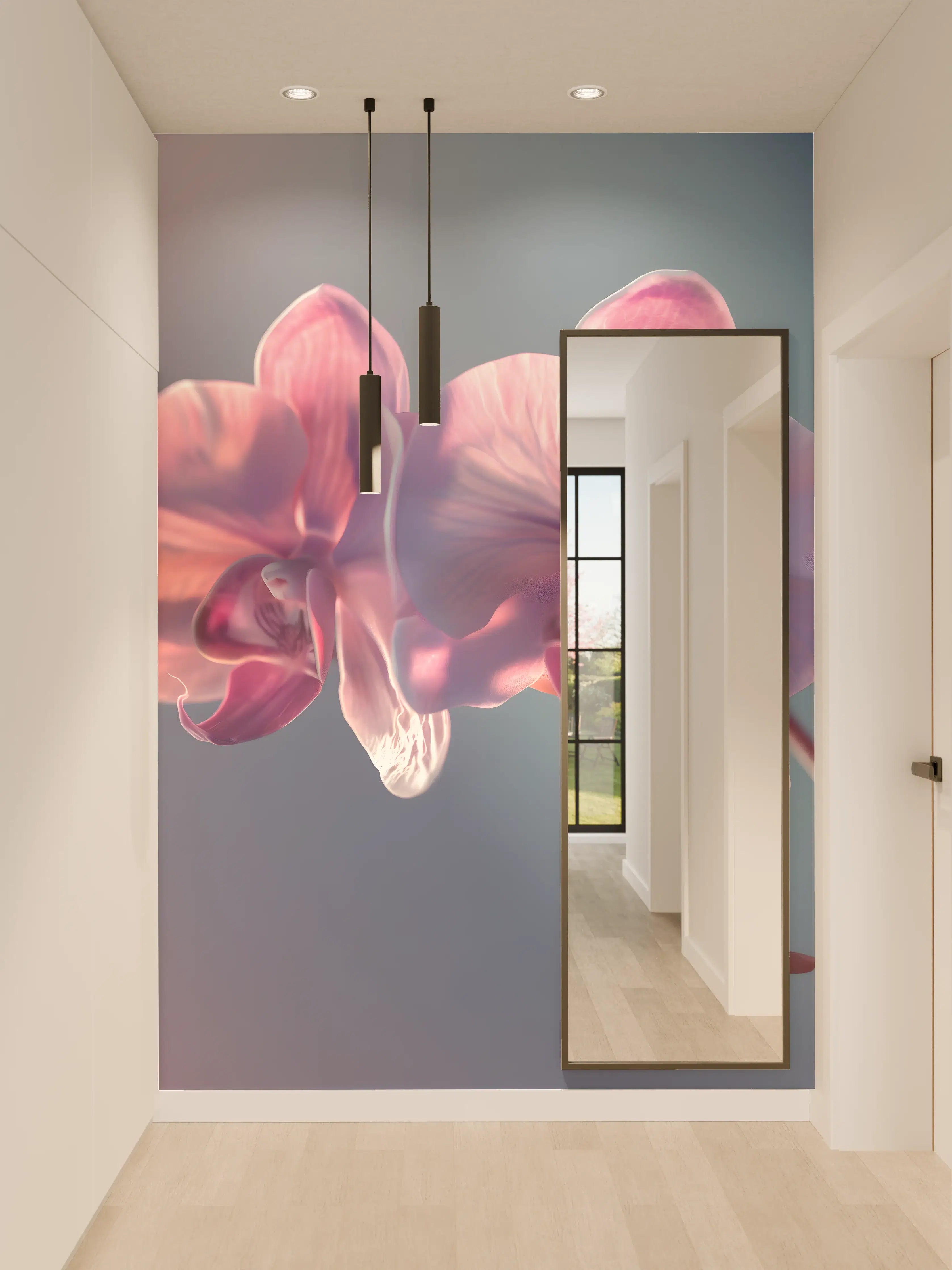 Wandverkleidung Flur - Rosa Orchideen auf Blau