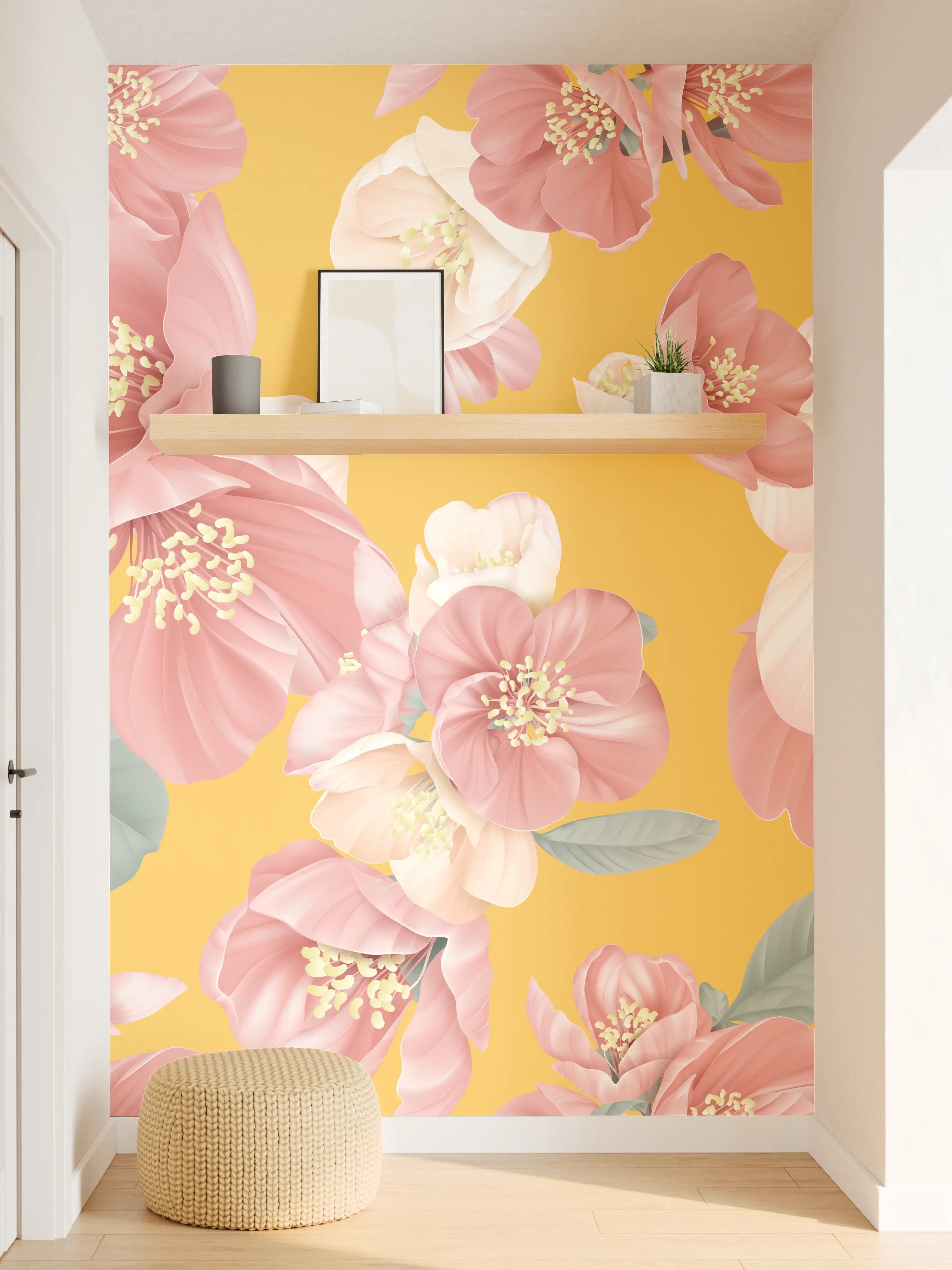 Wandverkleidung Flur - Rosa-weiße Blüten