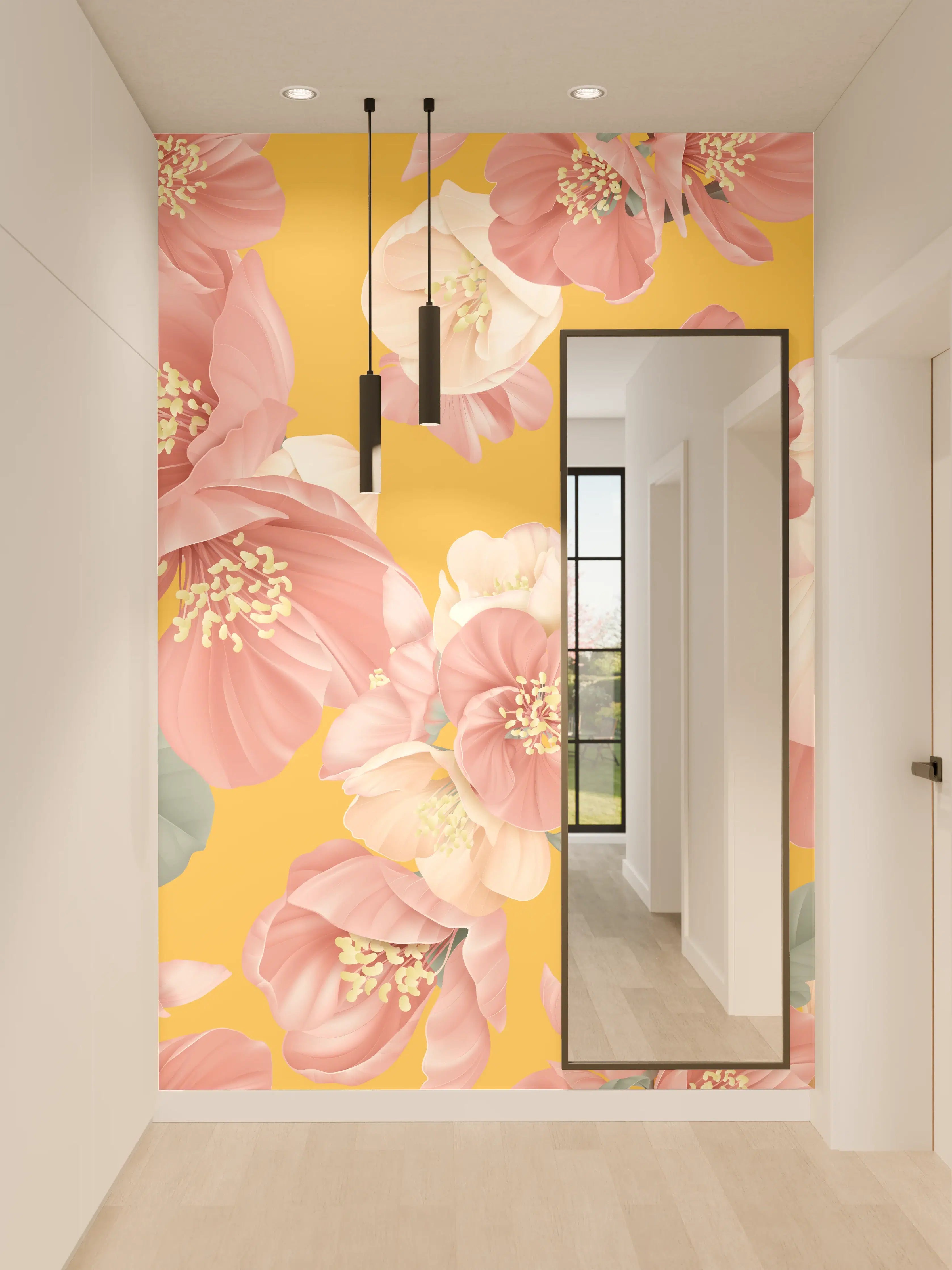 Wandverkleidung Flur - Rosa-weiße Blüten