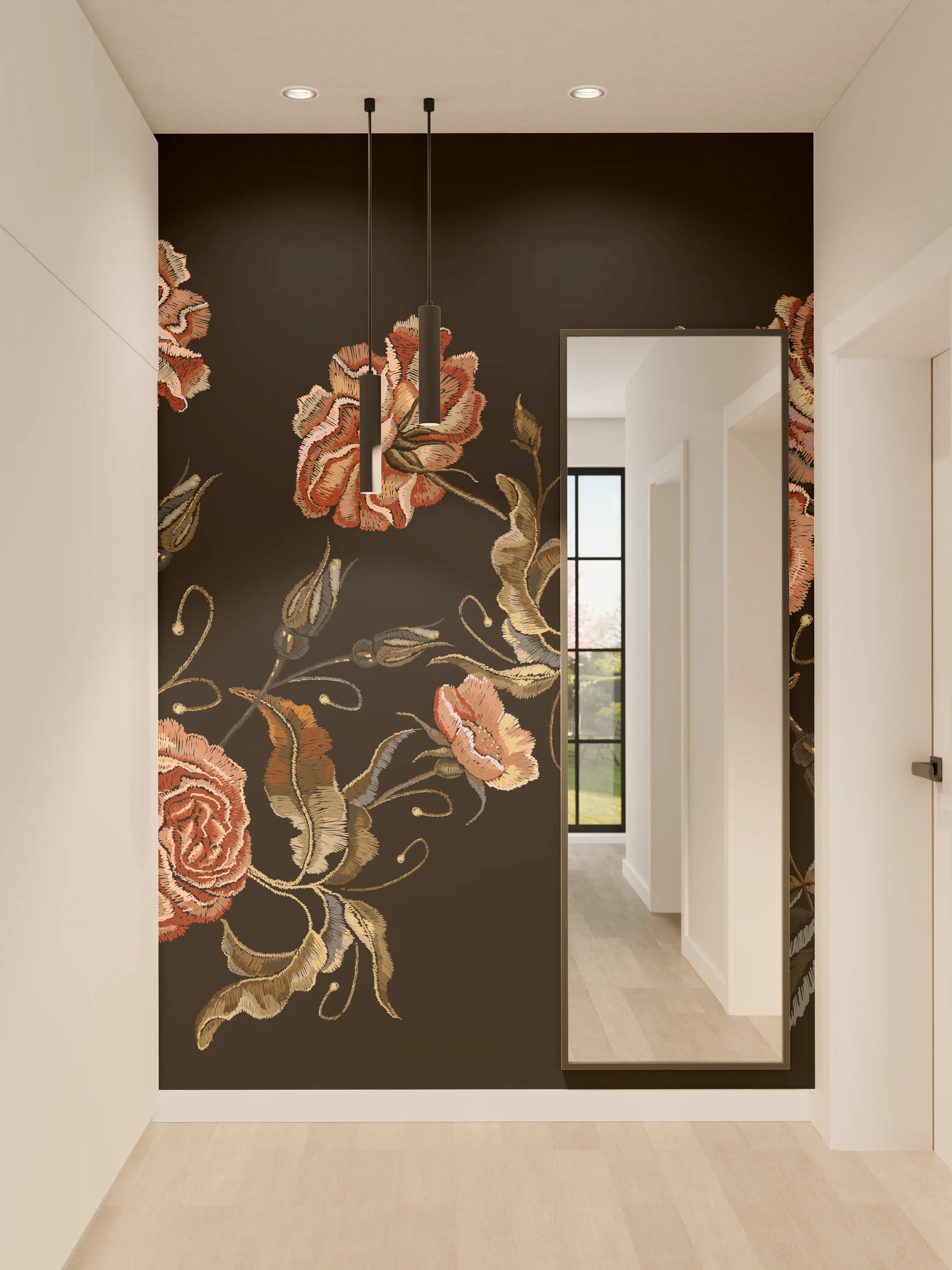 Wandverkleidung Flur - Rosenstickerei Renaissance Schwarz