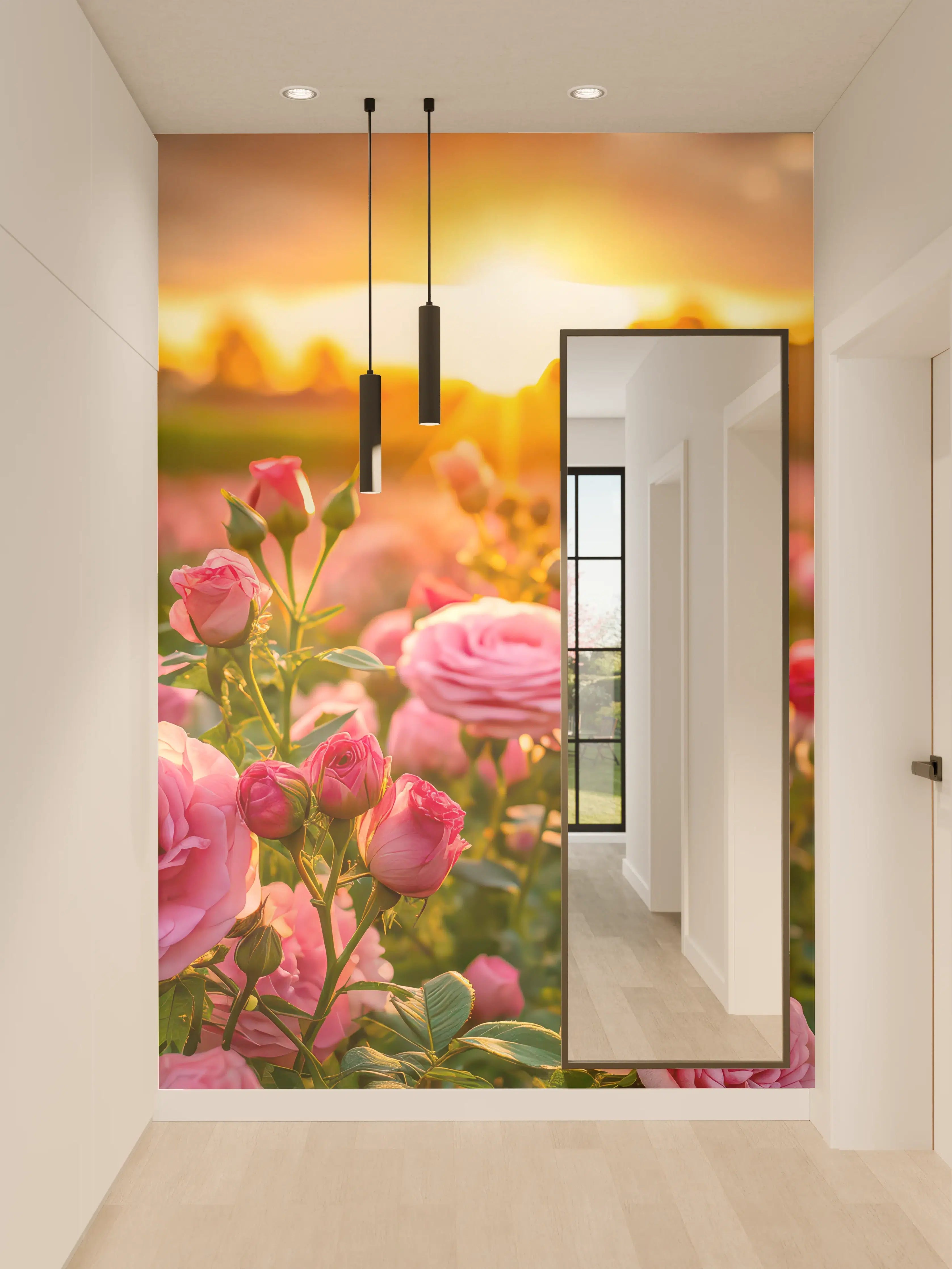 Wandverkleidung Flur - Rosenwiese bei Sonnenuntergang