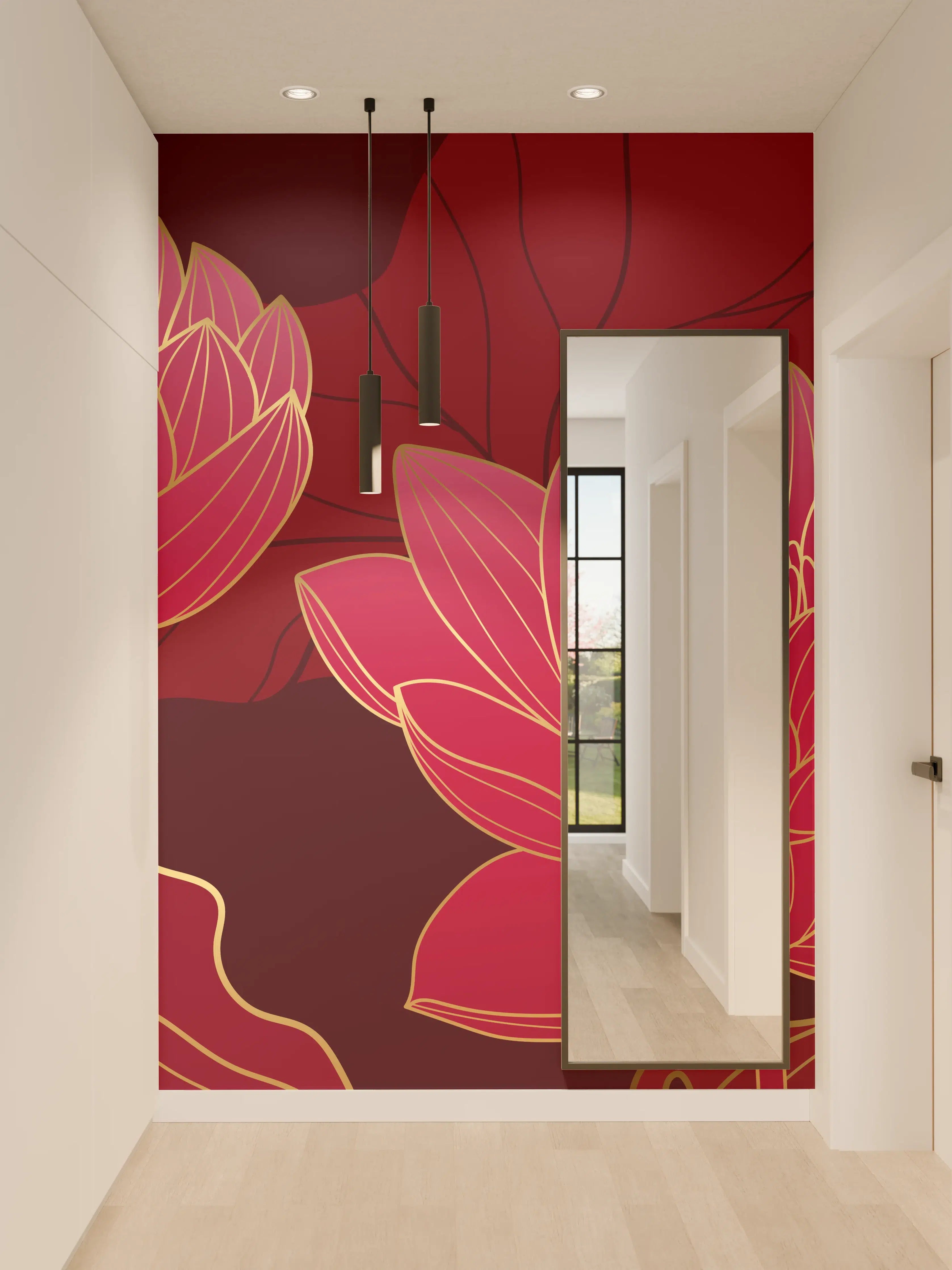 Wandverkleidung Flur - Rote Lotusblüten Lineart Design