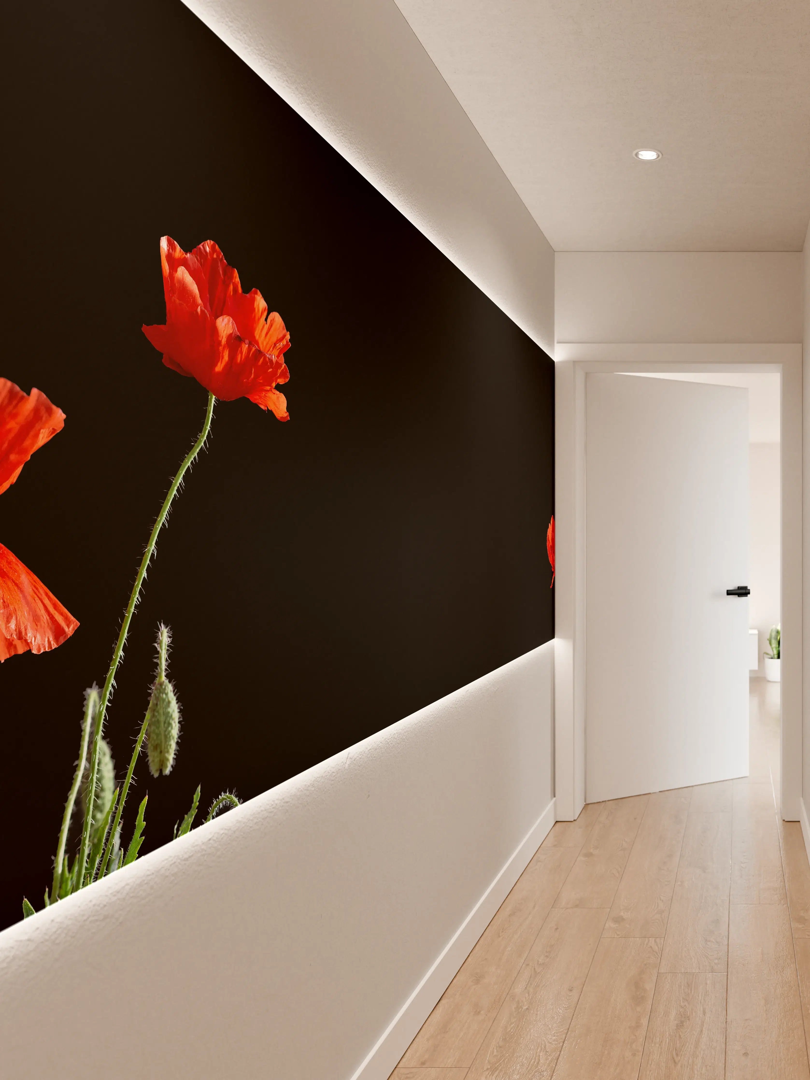 Wandverkleidung Flur - Rote Mohnblumen auf Schwarz