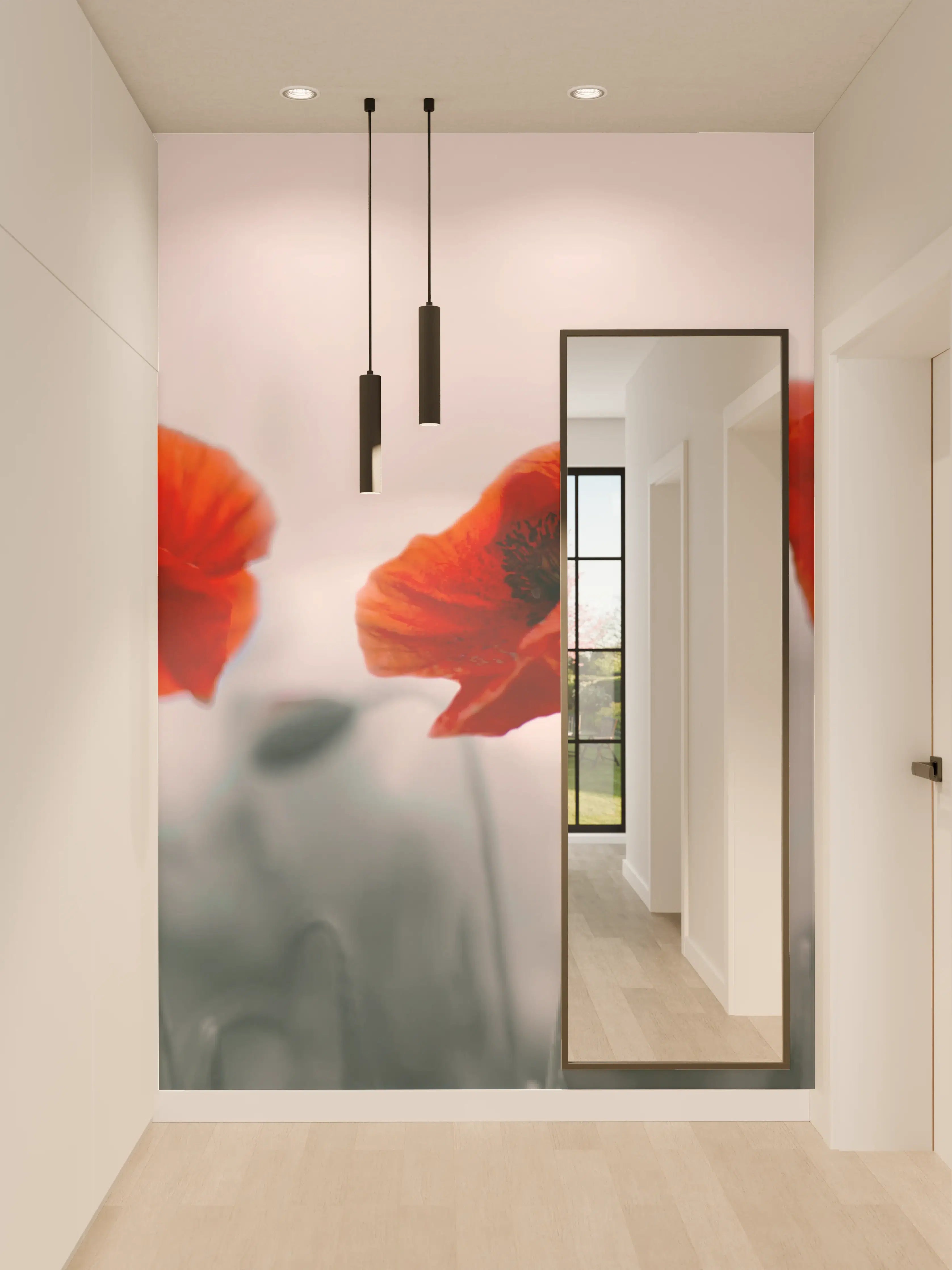 Wandverkleidung Flur - Roter Mohn auf hellem Hintergrund