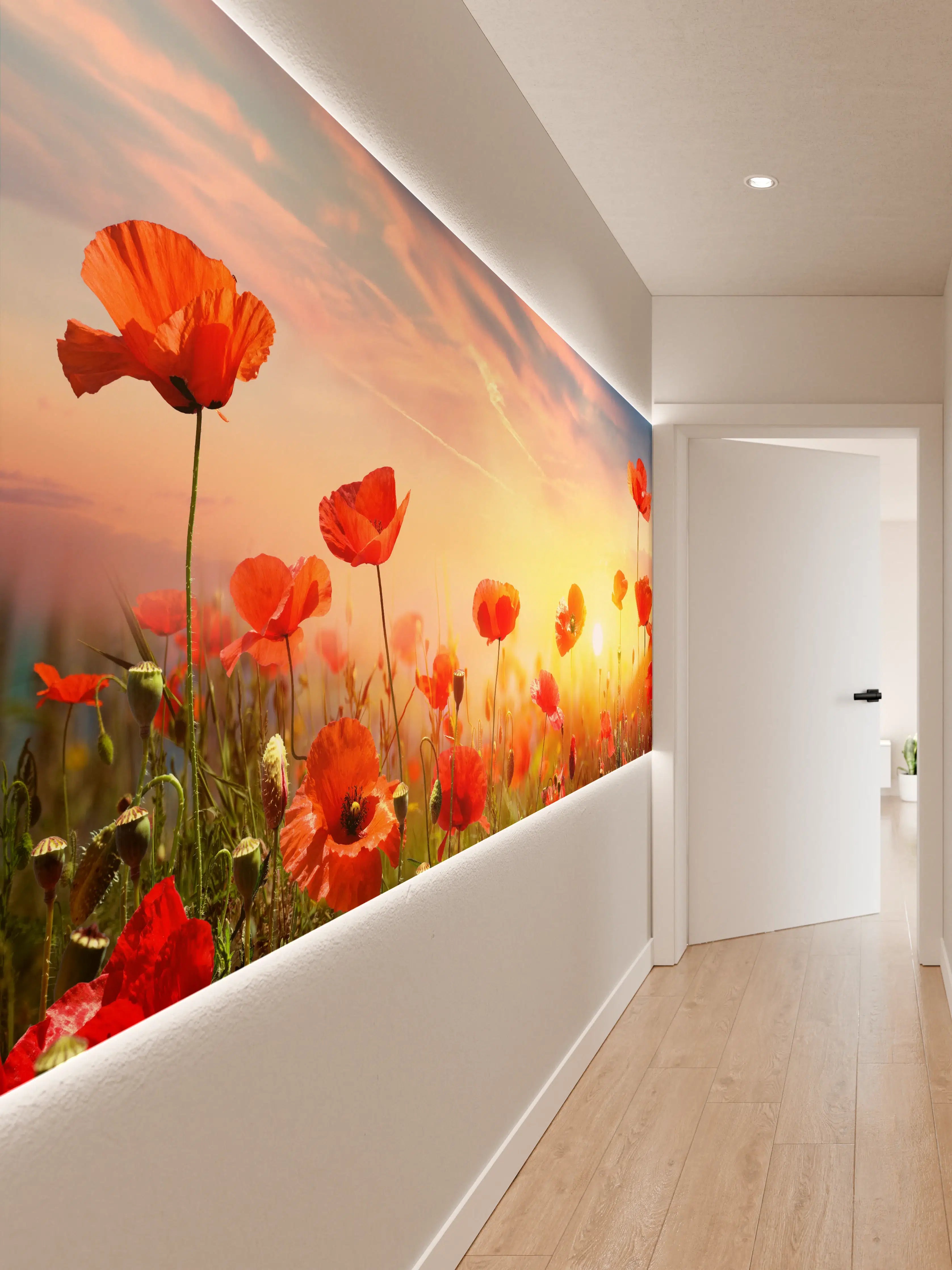 Wandverkleidung Flur - Roter Mohnfeld Sonnenaufgang