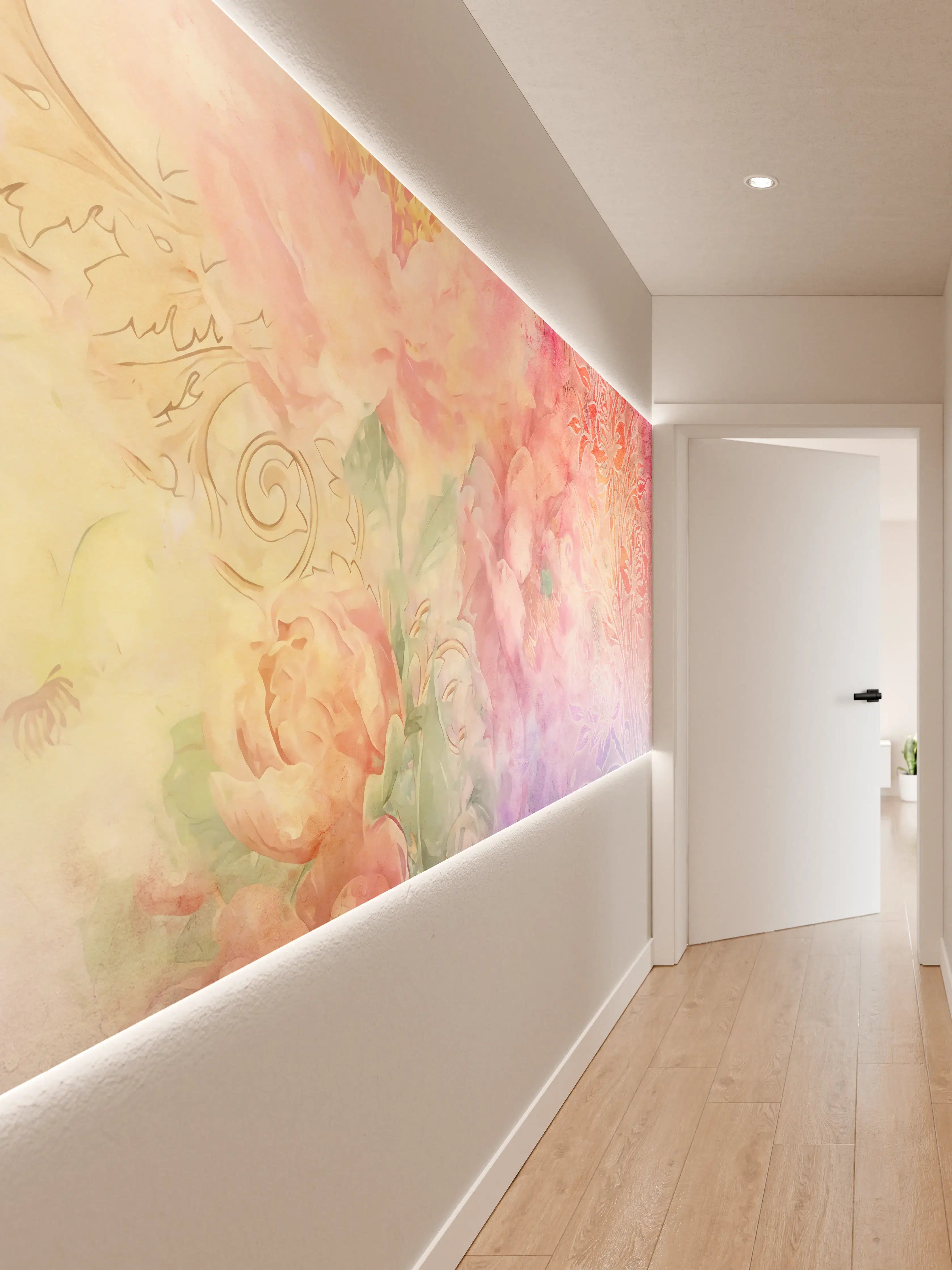 Wandverkleidung Flur - Sanfte Aquarell-Wandkunst mit floralem Motiv
