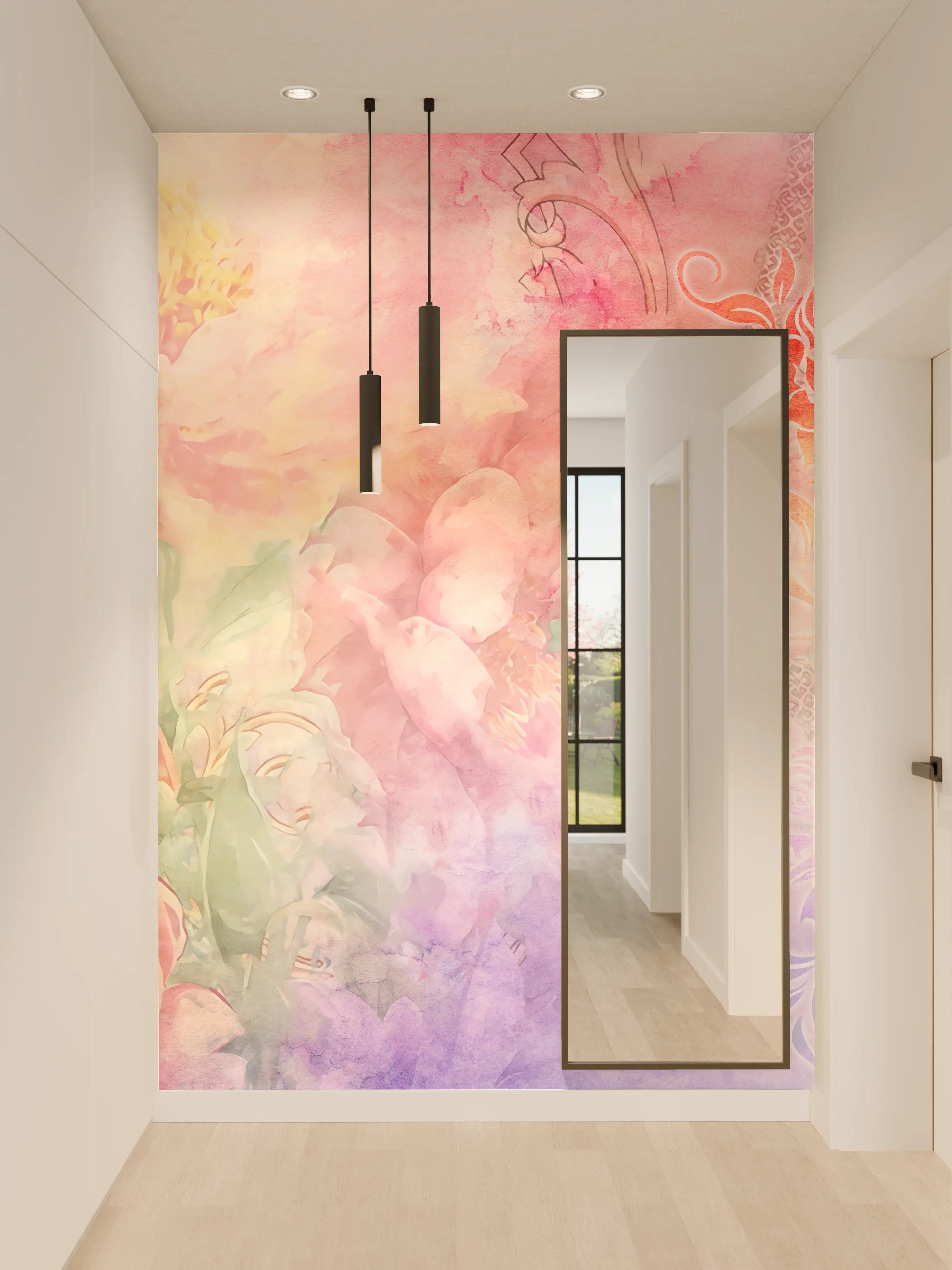 Wandverkleidung Flur - Sanfte Aquarell-Wandkunst mit floralem Motiv