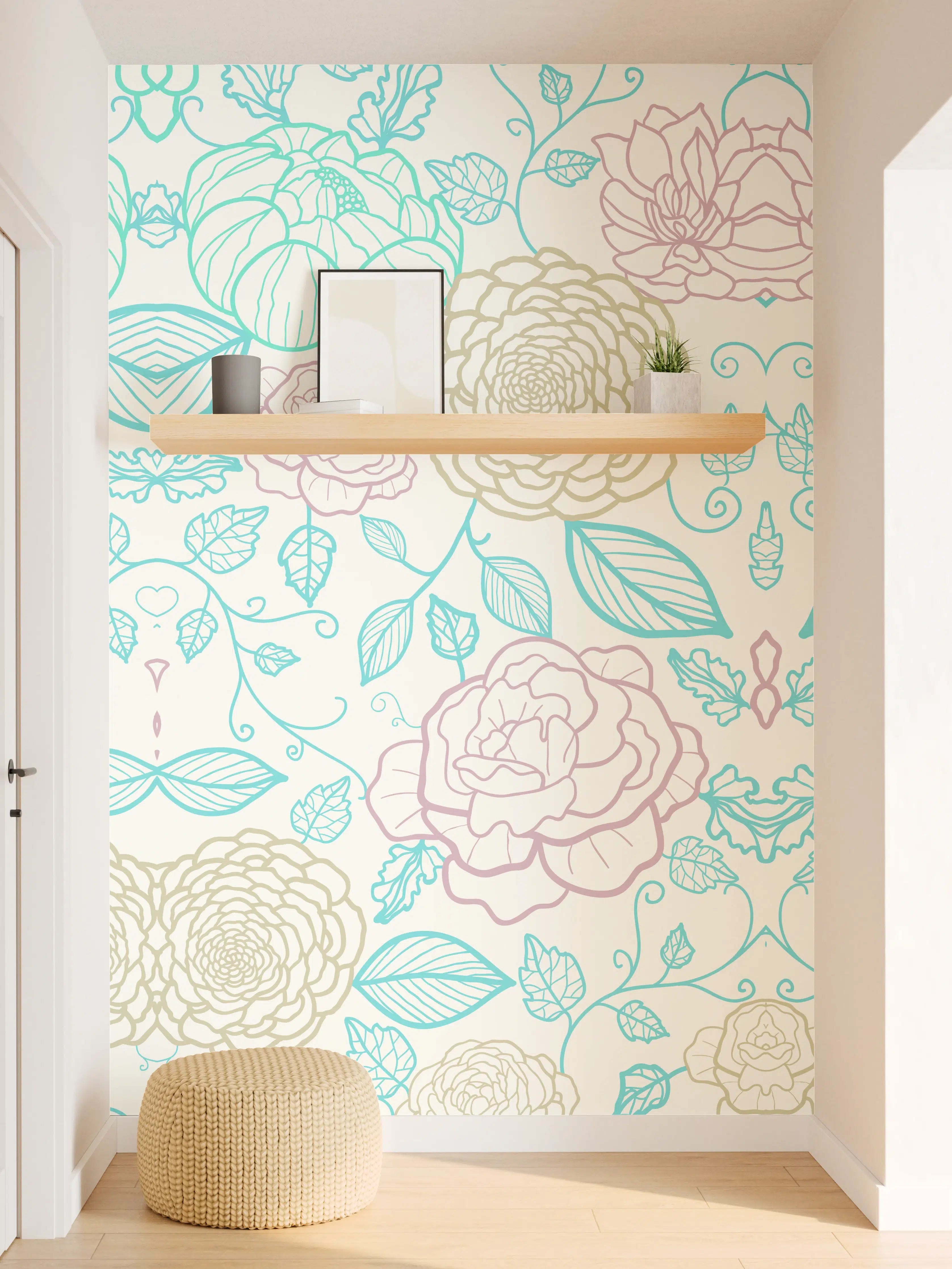 Wandverkleidung Flur - Sanfte Pastellblumen in Grauweiß