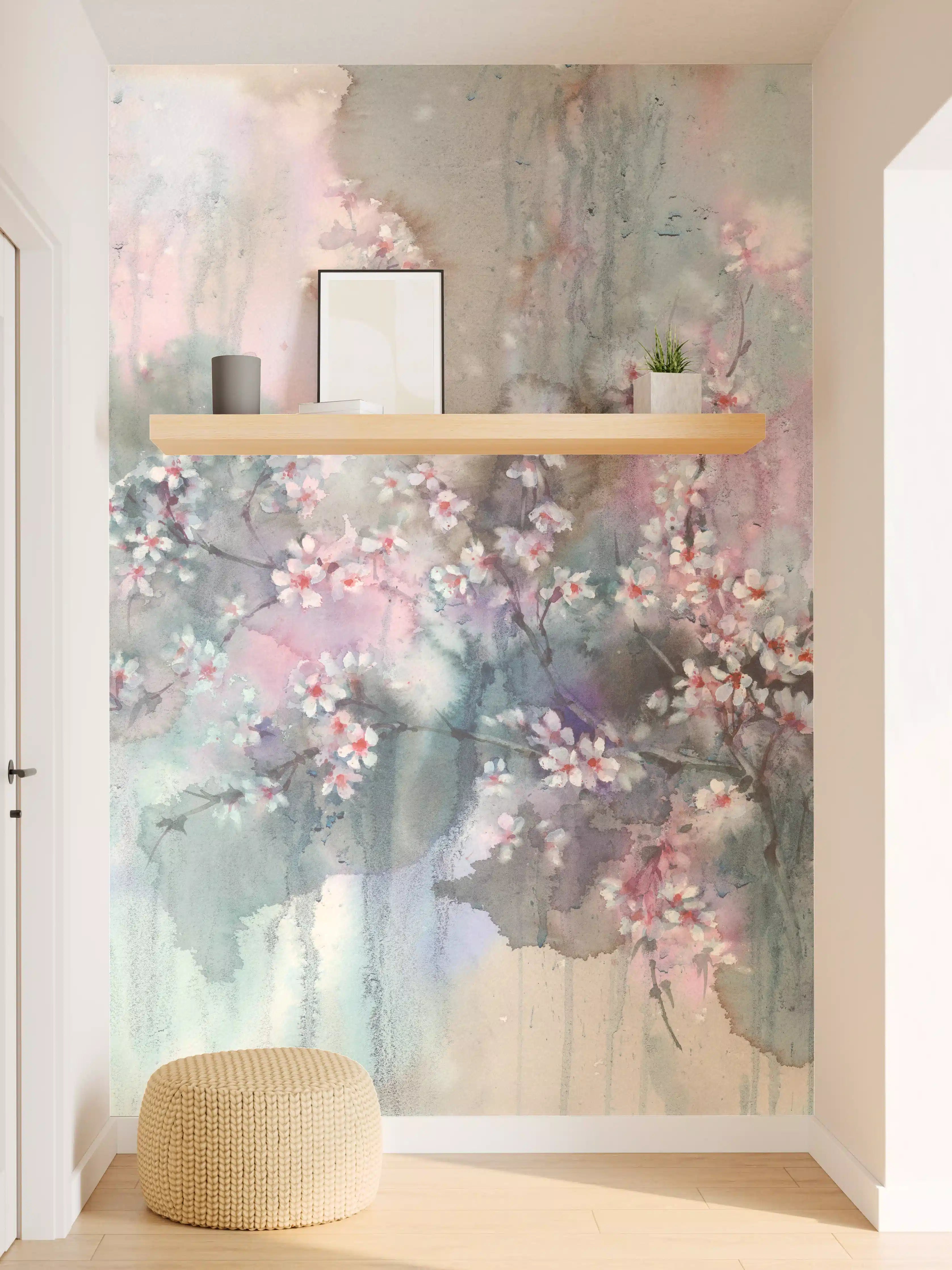 Wandverkleidung Flur - Sanfte Wasserfarben mit blühenden Kirschblüten