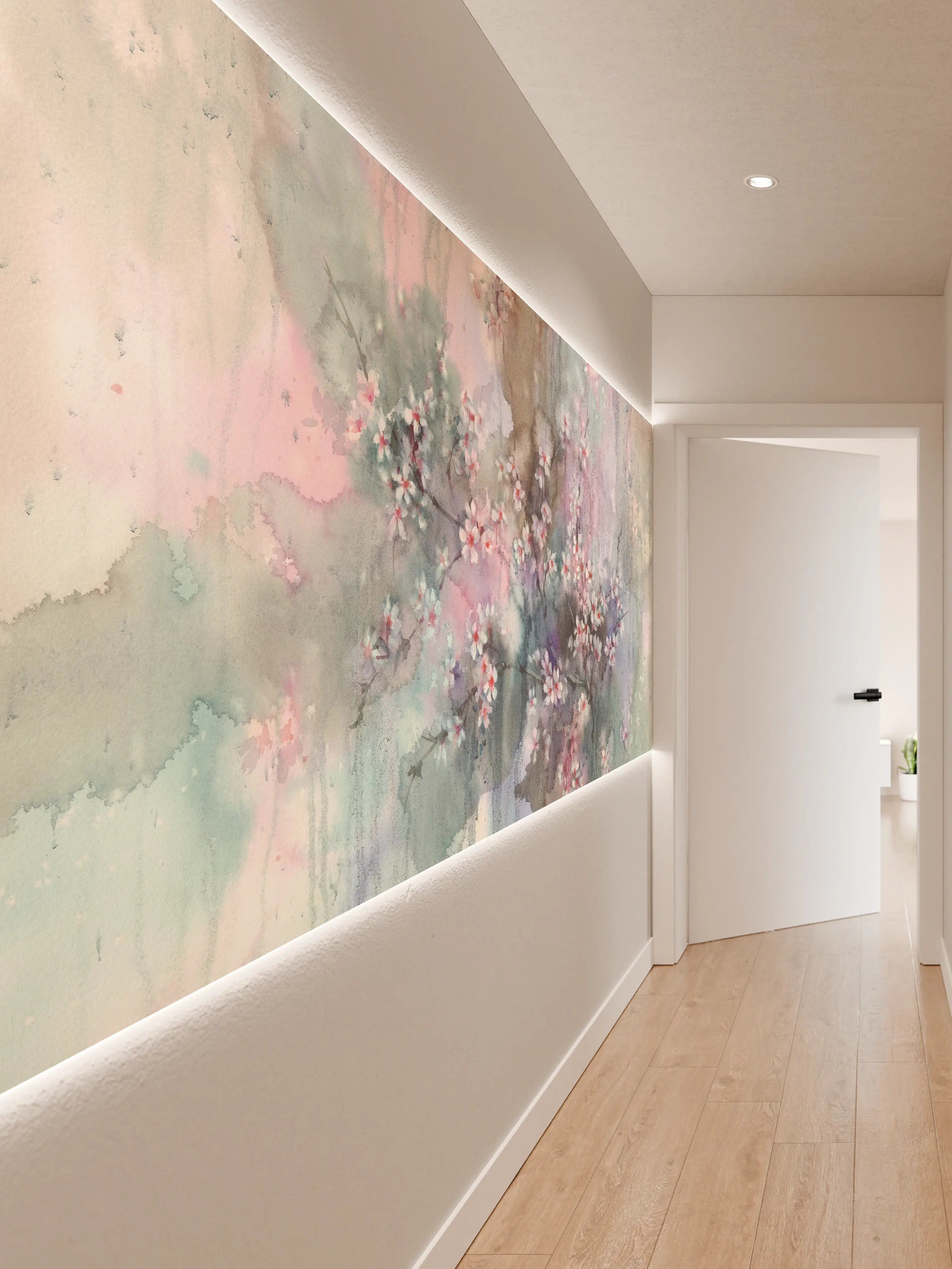 Wandverkleidung Flur - Sanfte Wasserfarben mit blühenden Kirschblüten