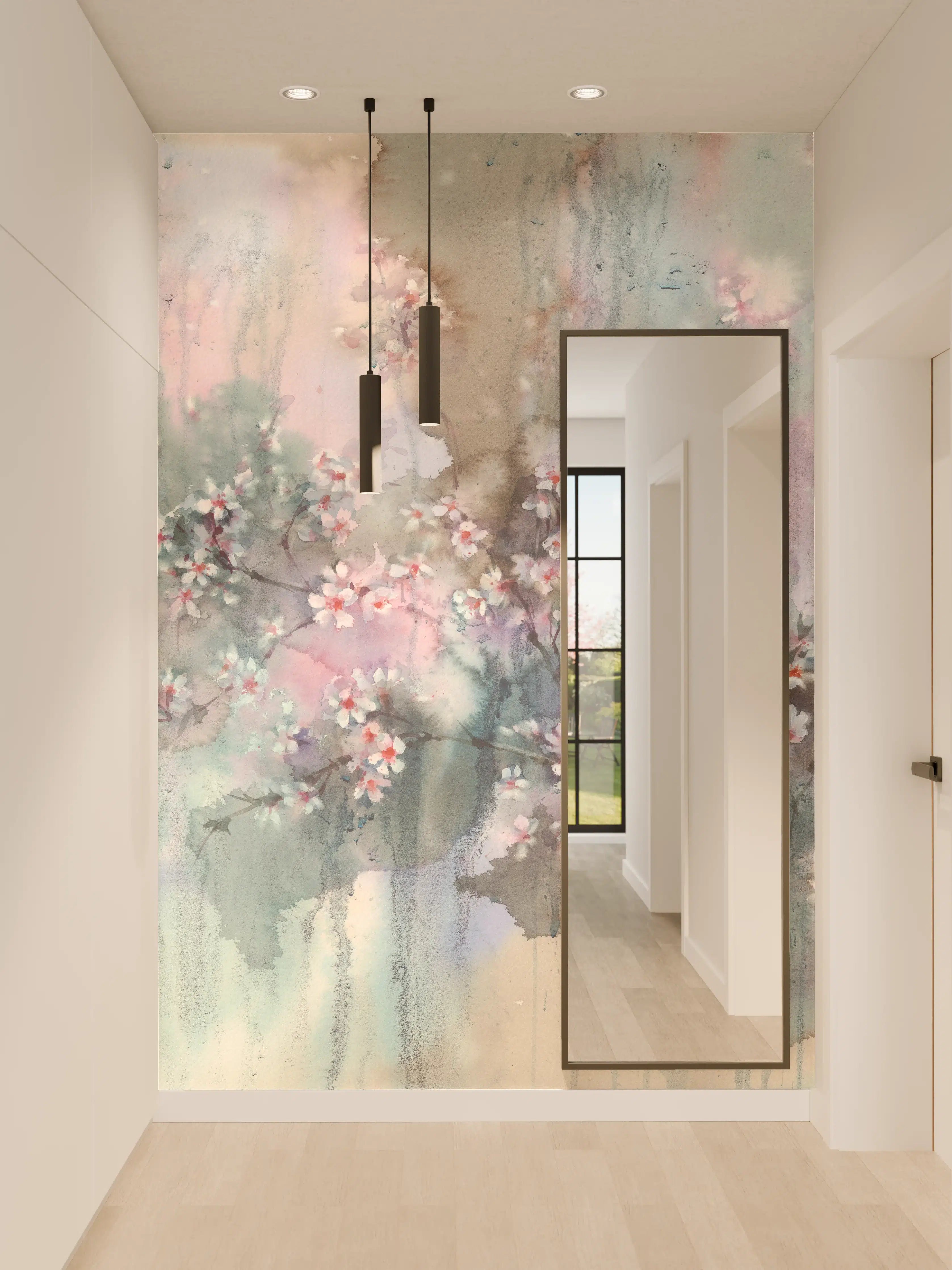 Wandverkleidung Flur - Sanfte Wasserfarben mit blühenden Kirschblüten