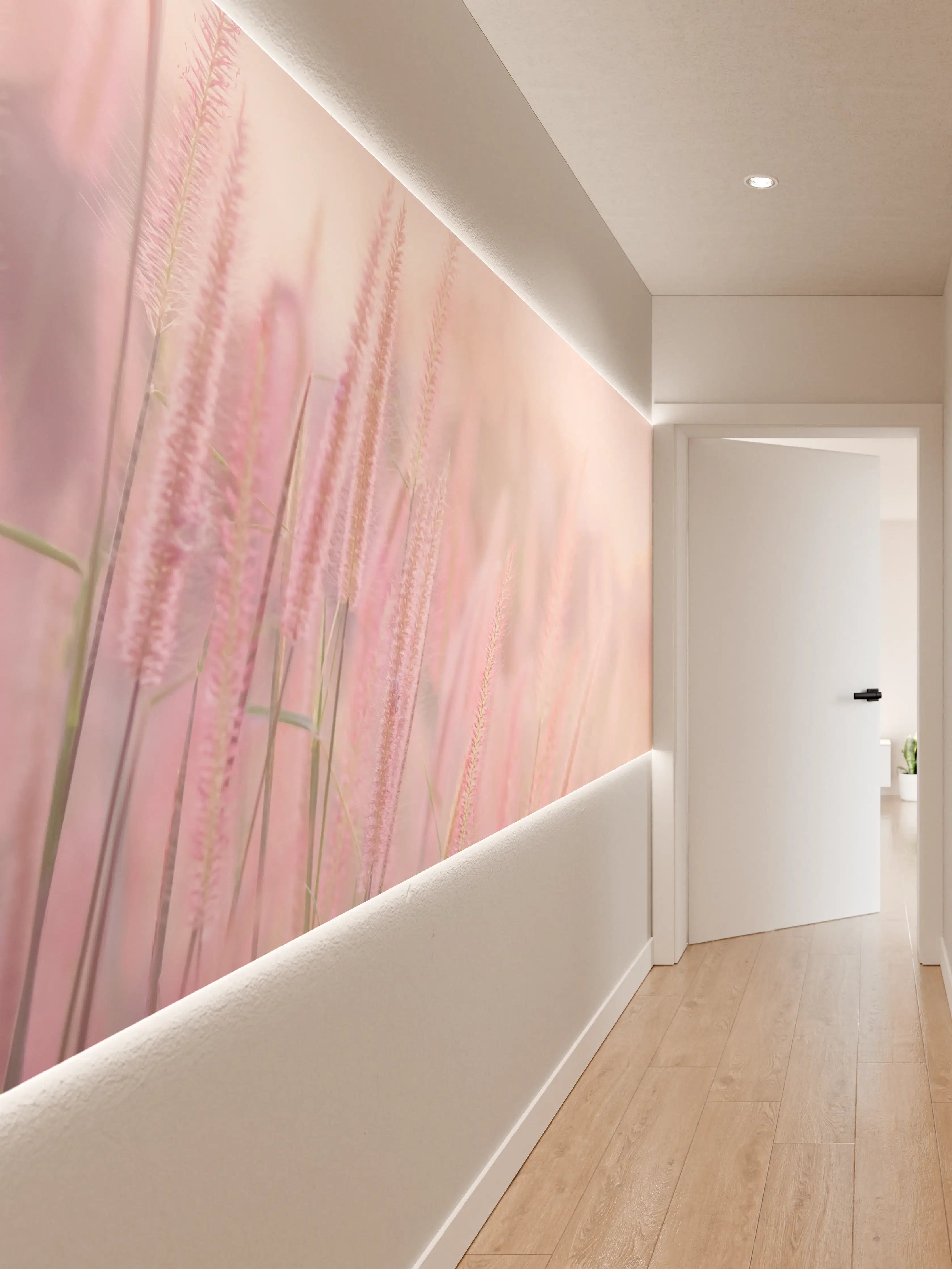 Wandverkleidung Flur - Sanfte rosa Gräser im Morgengrauen