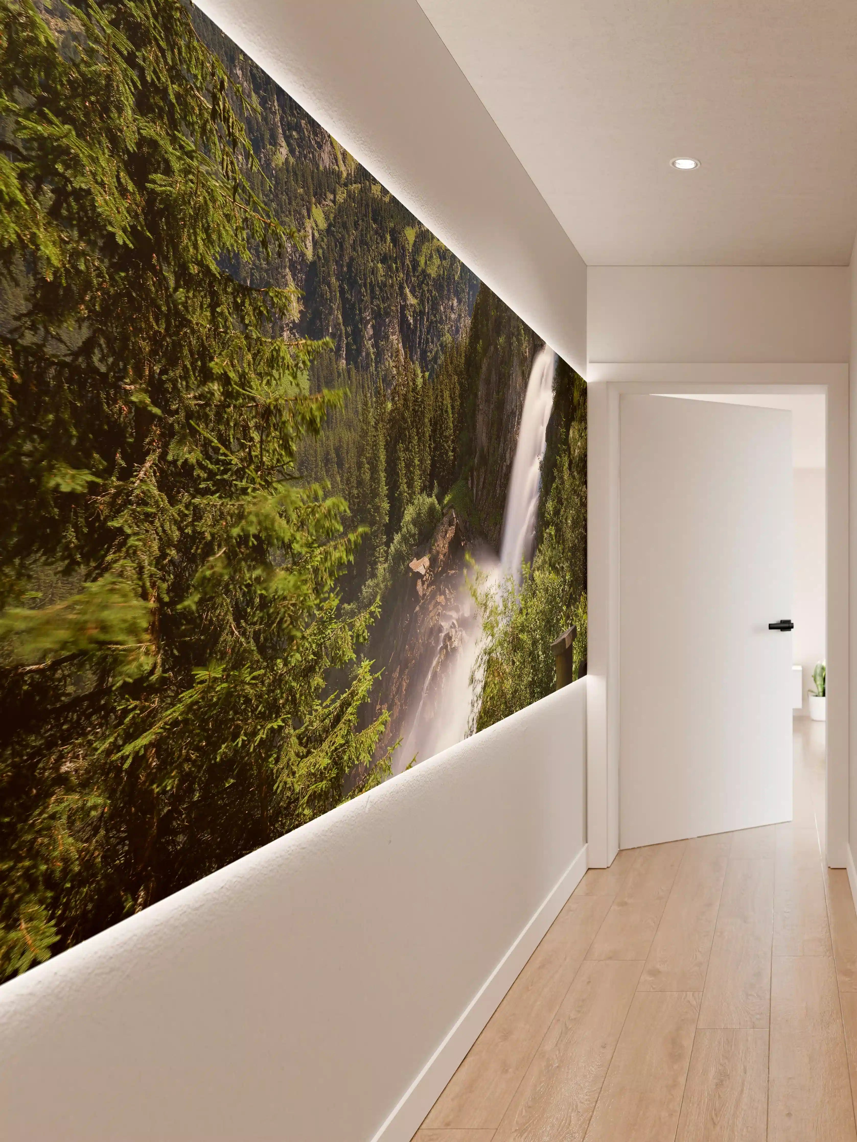 Wandverkleidung Flur - Sanfter Grauwasserfall in blätternder Natur