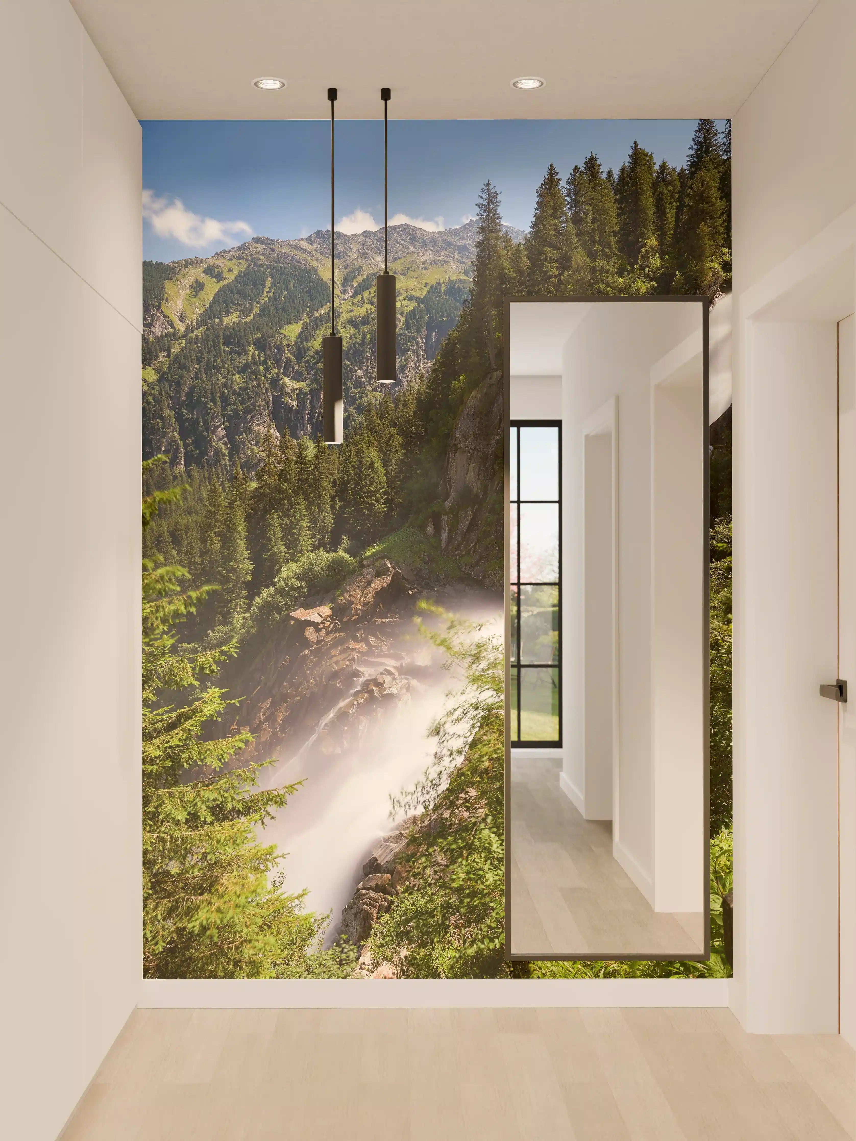 Wandverkleidung Flur - Sanfter Grauwasserfall in blätternder Natur