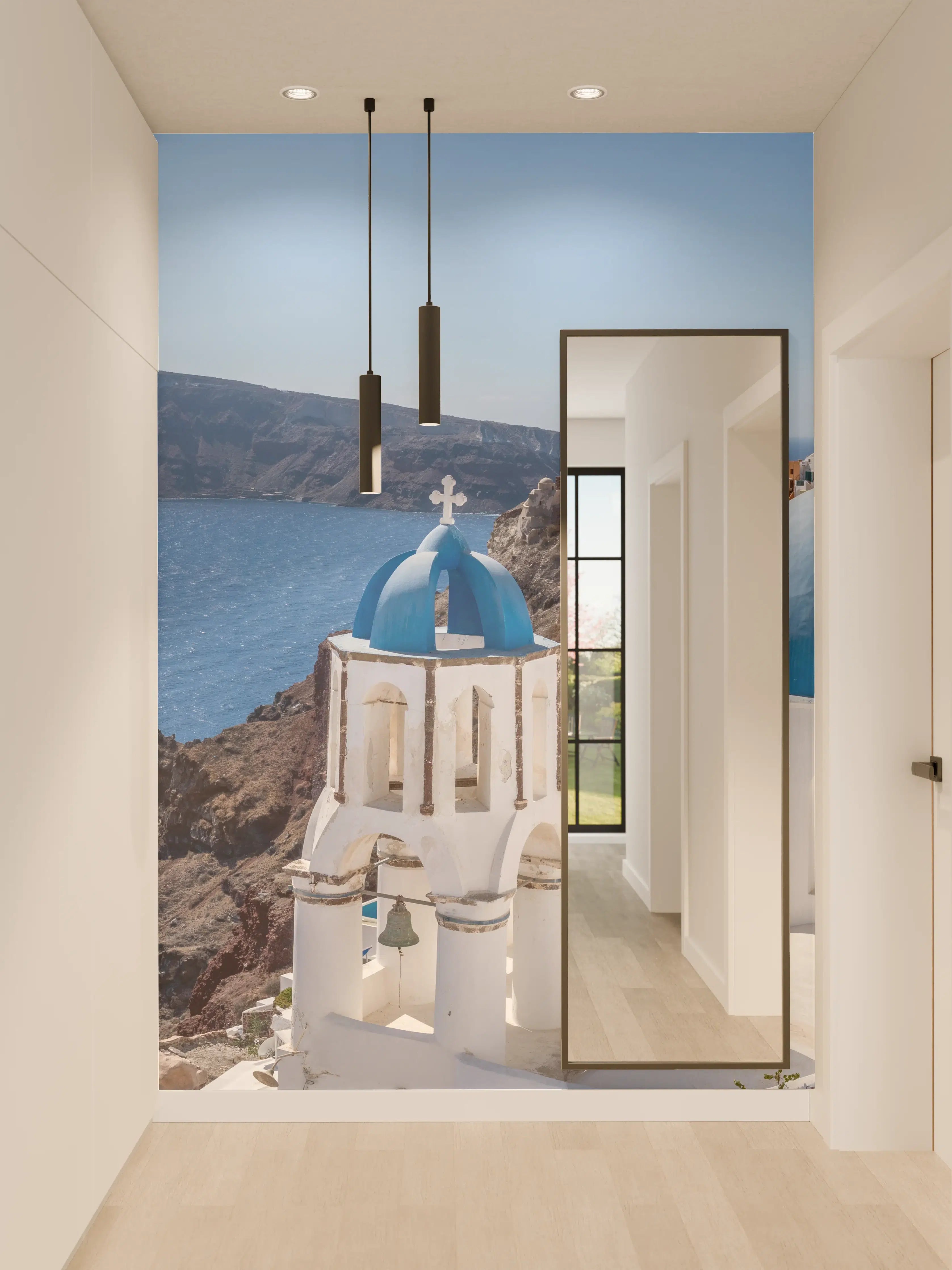 Wandverkleidung Flur - Santorini Blau-Weiß Skyline