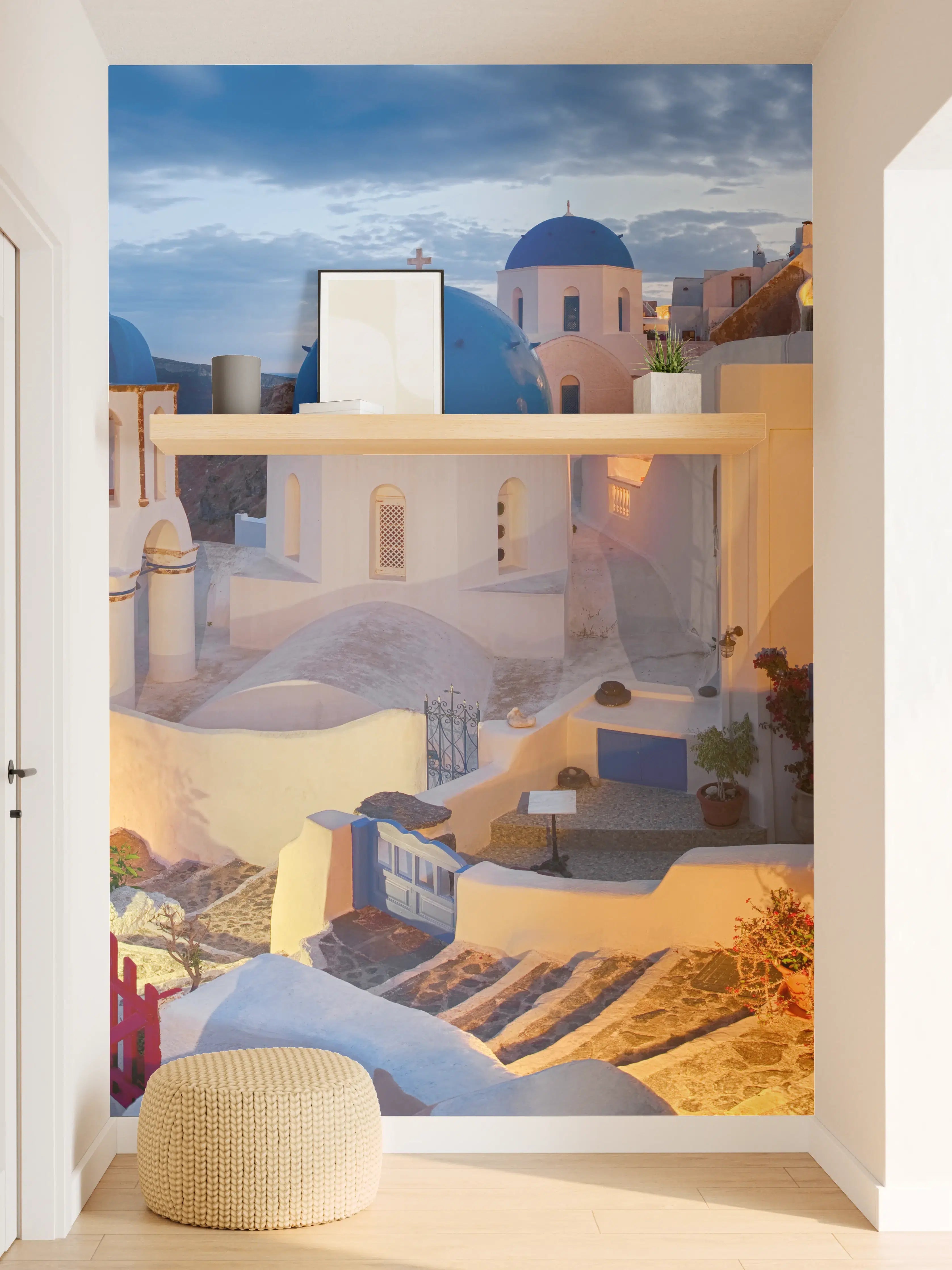 Wandverkleidung Flur - Santorini Skyline in Blau und Weiß