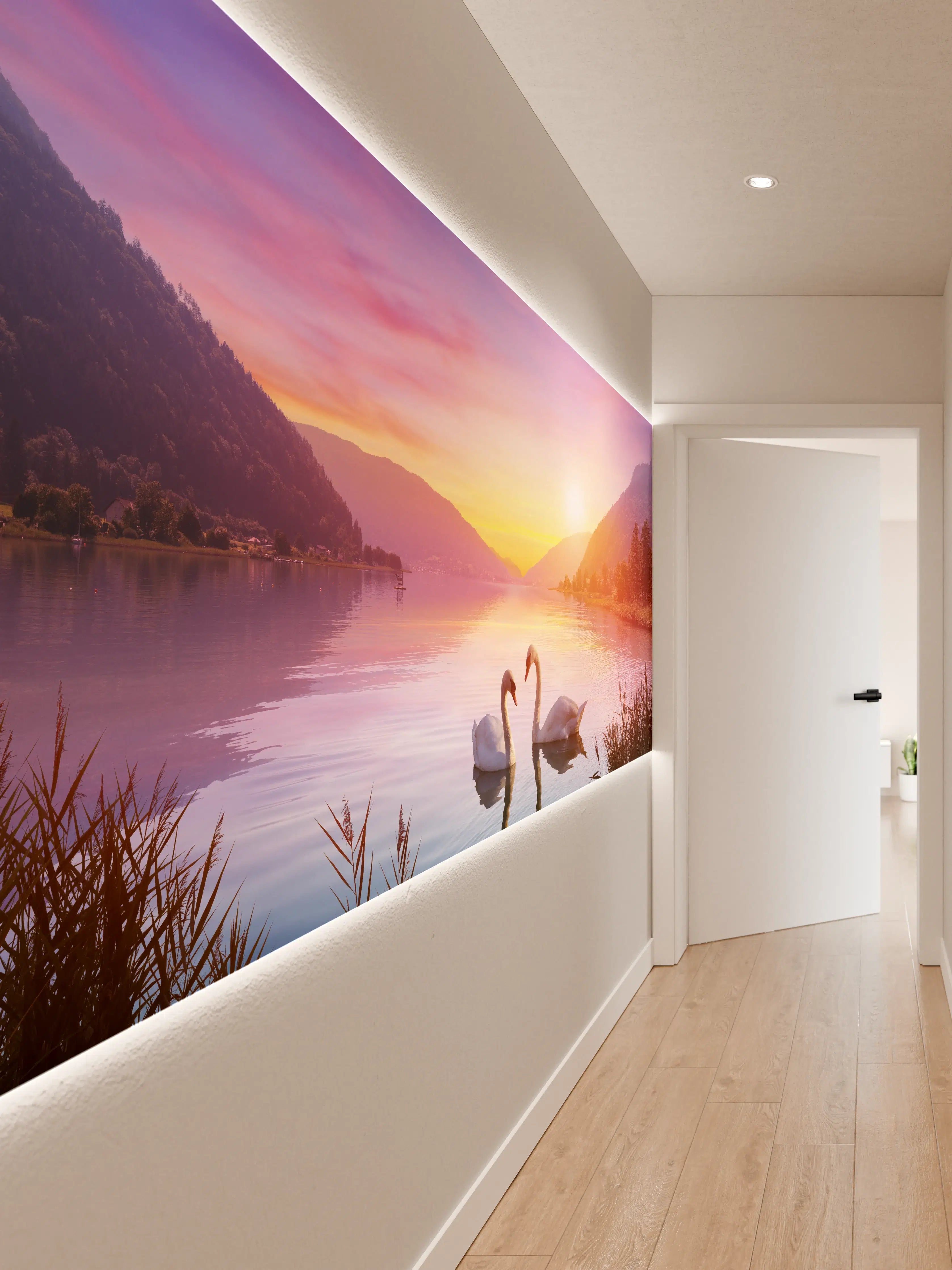 Wandverkleidung Flur - Schwäne über dem See bei Sonnenaufgang - Ruhe und Romantik