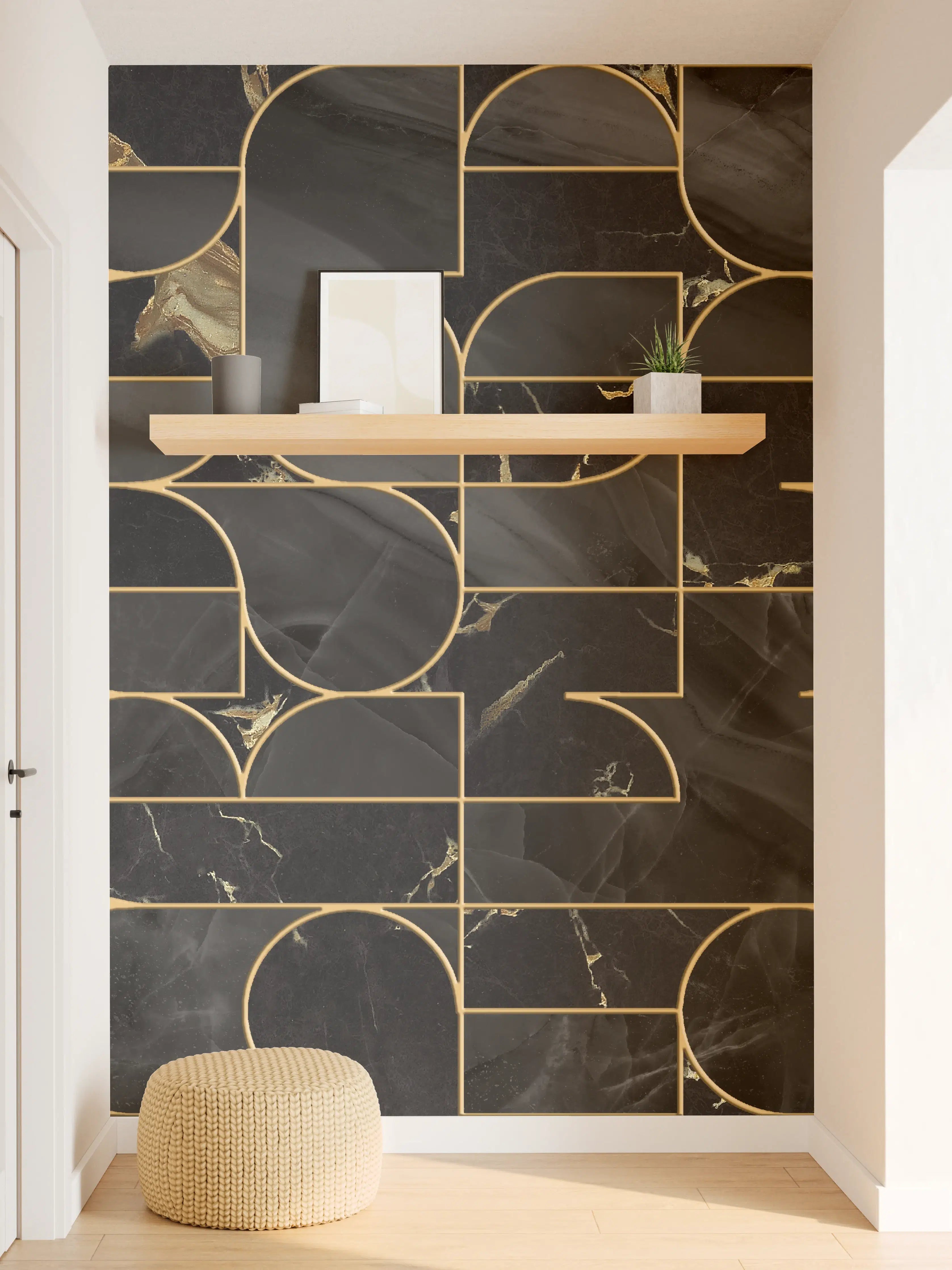 Wandverkleidung Flur - Schwarz-Gold-Muster mit Grautönen