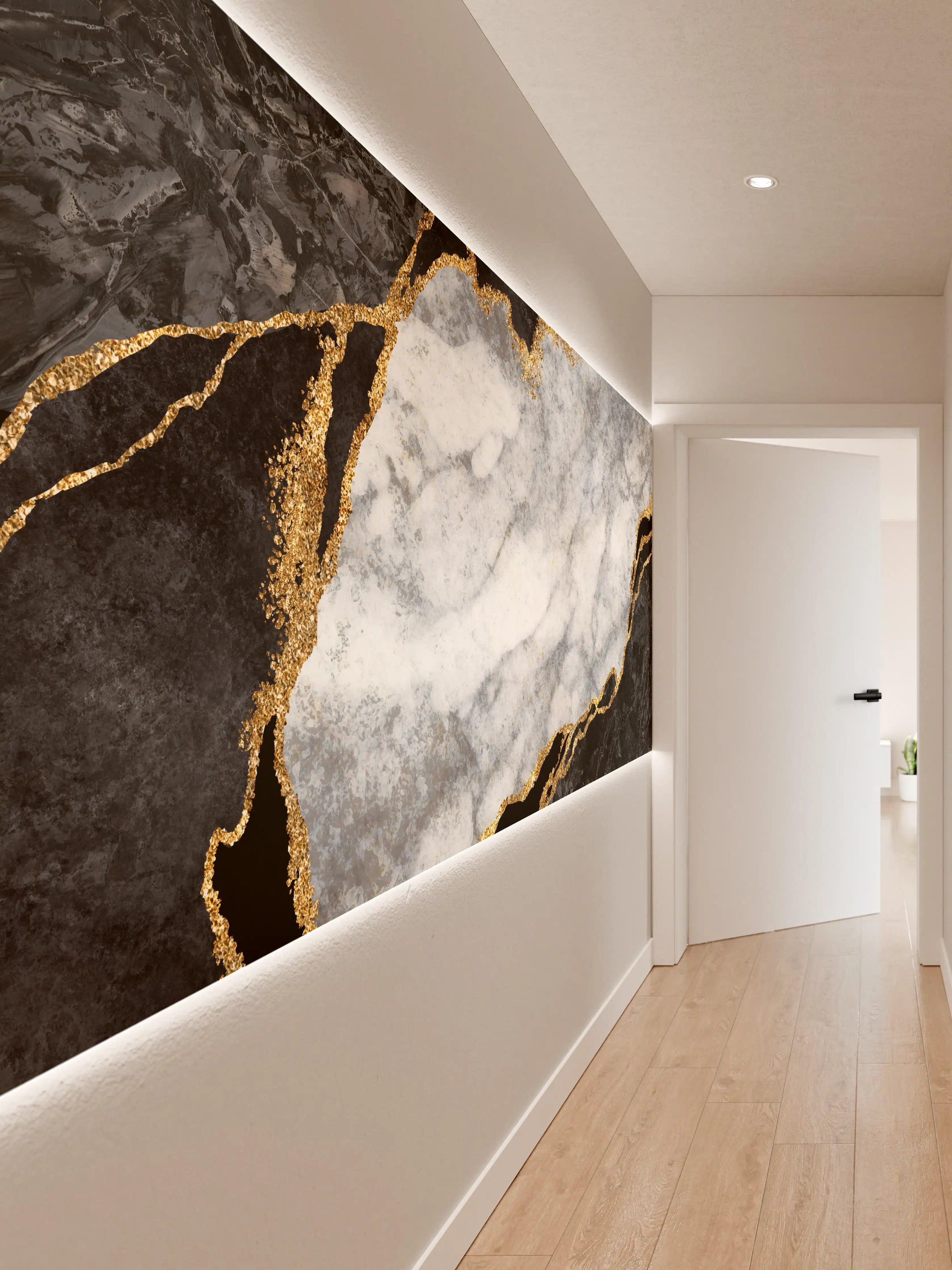 Wandverkleidung Flur - Schwarz-Graumarmor mit Goldakzenten