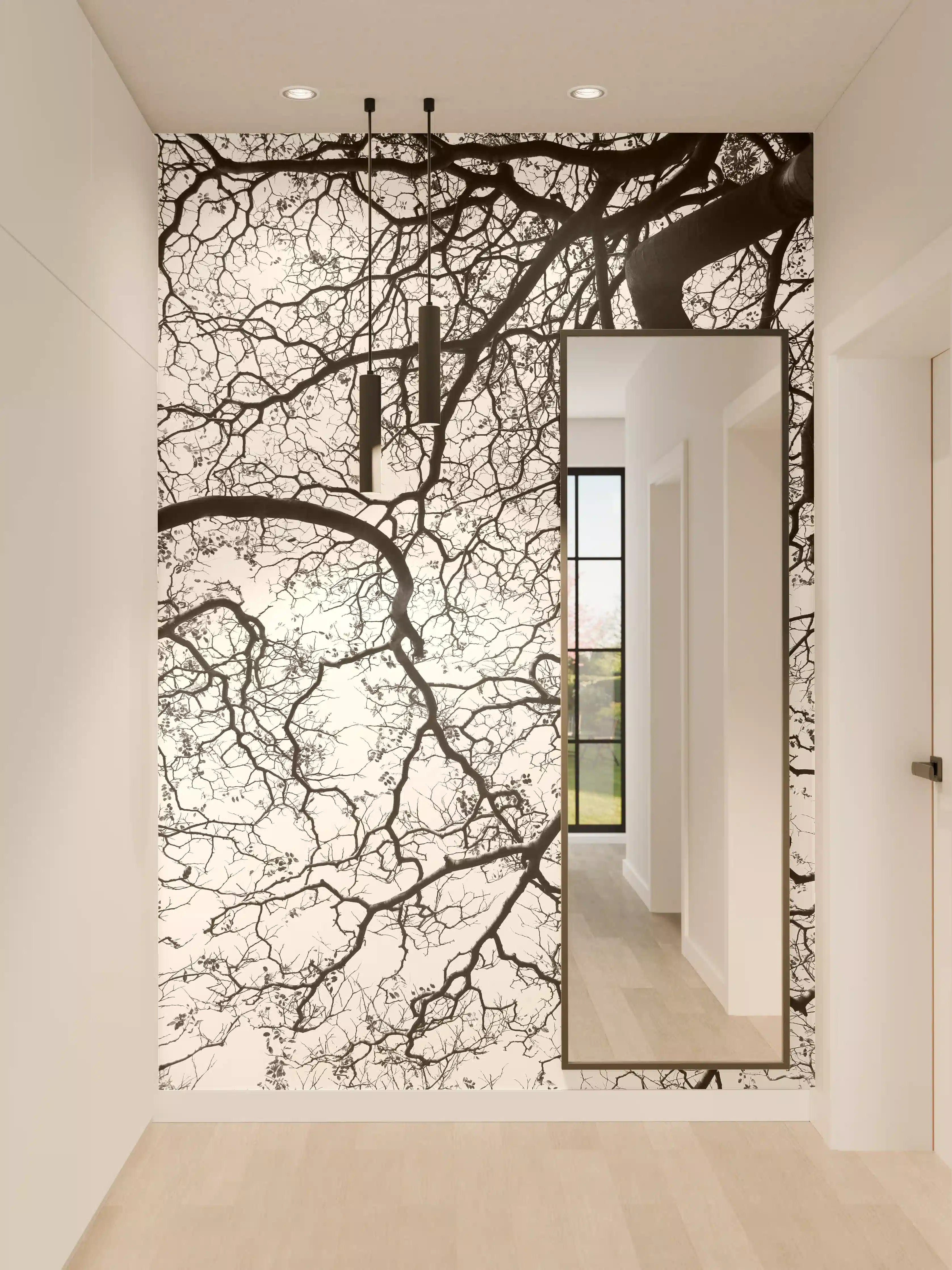 Wandverkleidung Flur - Schwarz-Weiß Baum-Aquarell im minimalistischen Stil