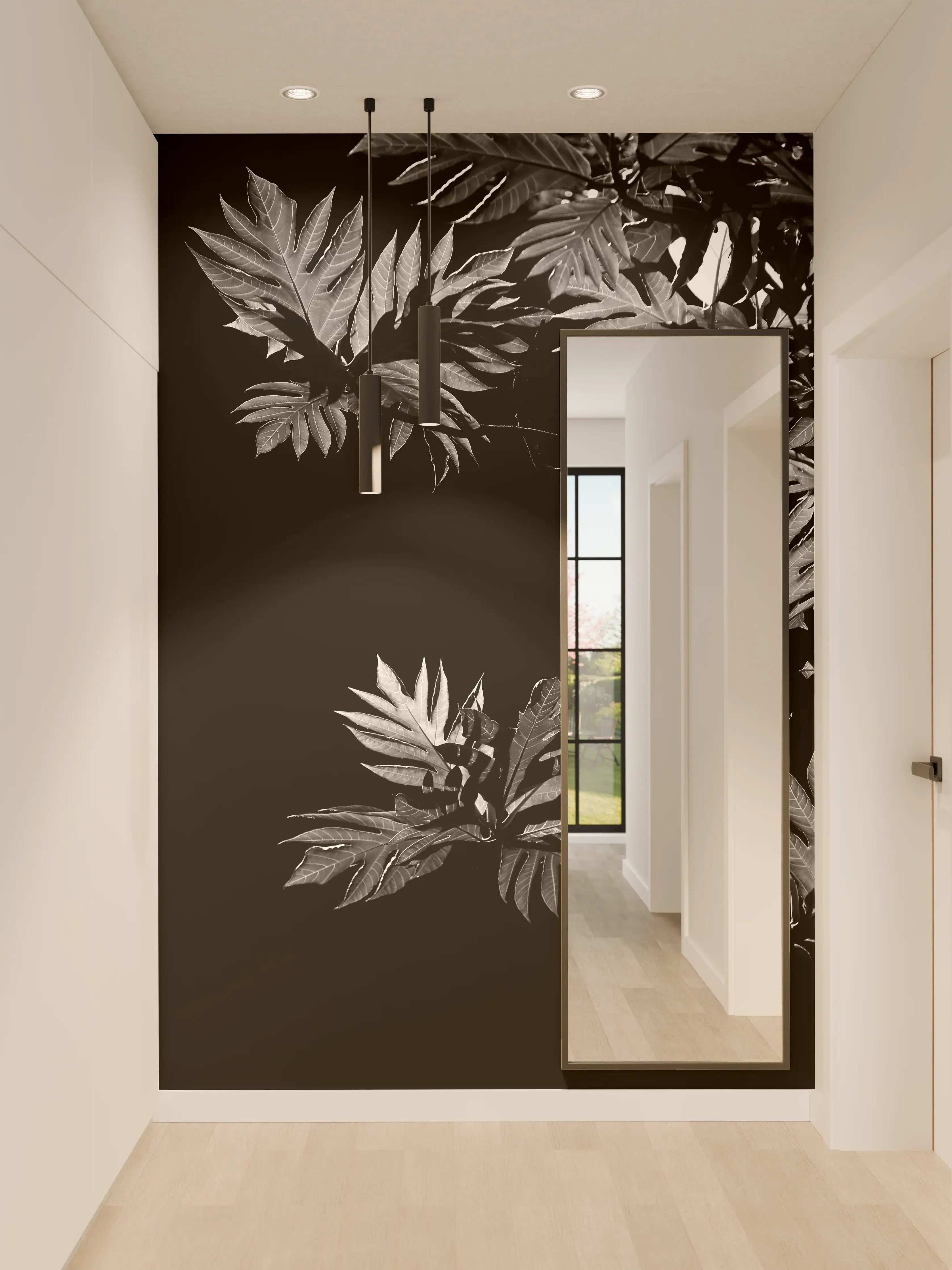 Wandverkleidung Flur - Schwarz-Weiß Blätter-Design