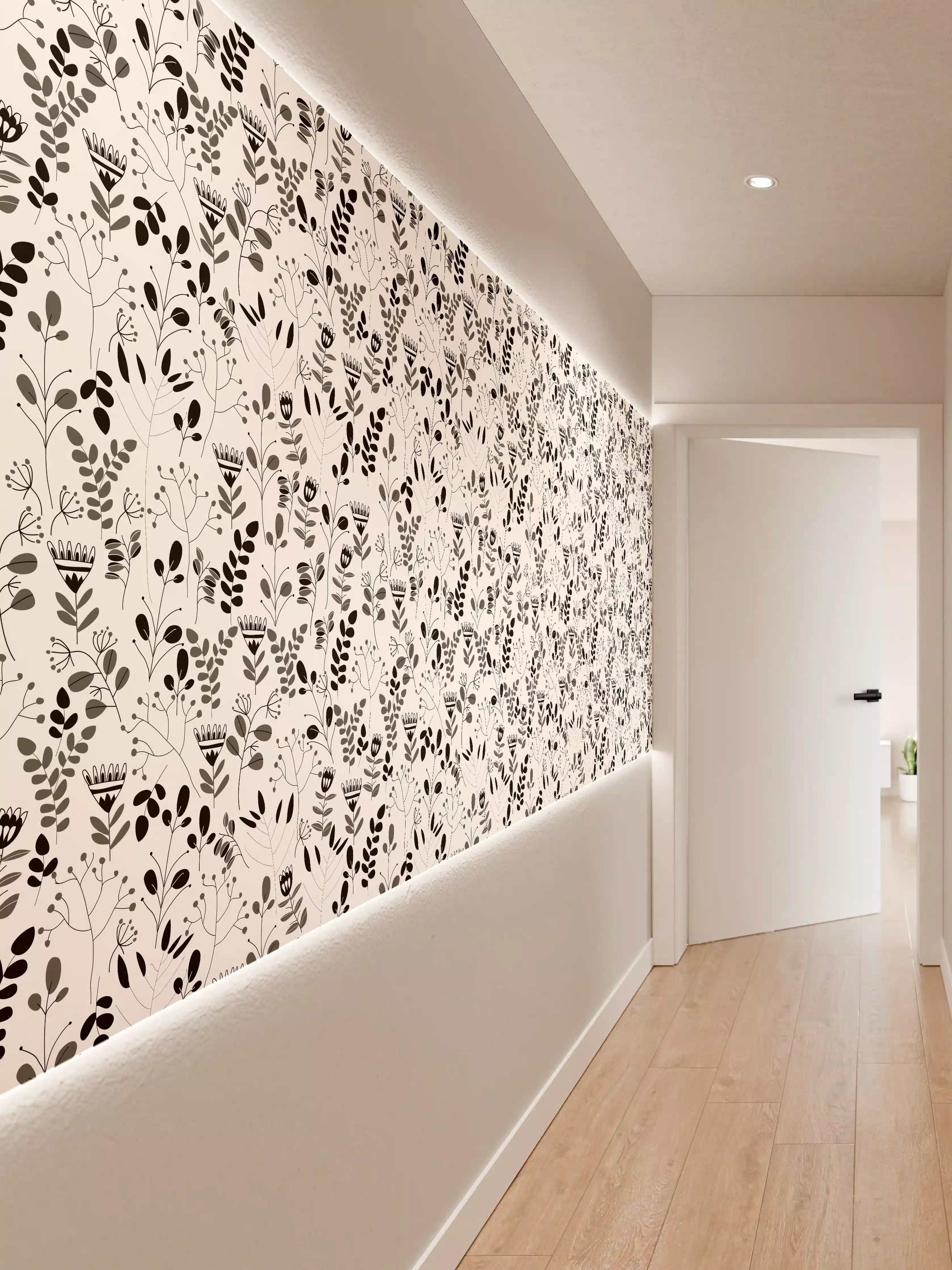Wandverkleidung Flur - Schwarz-Weiß Blumen Muster
