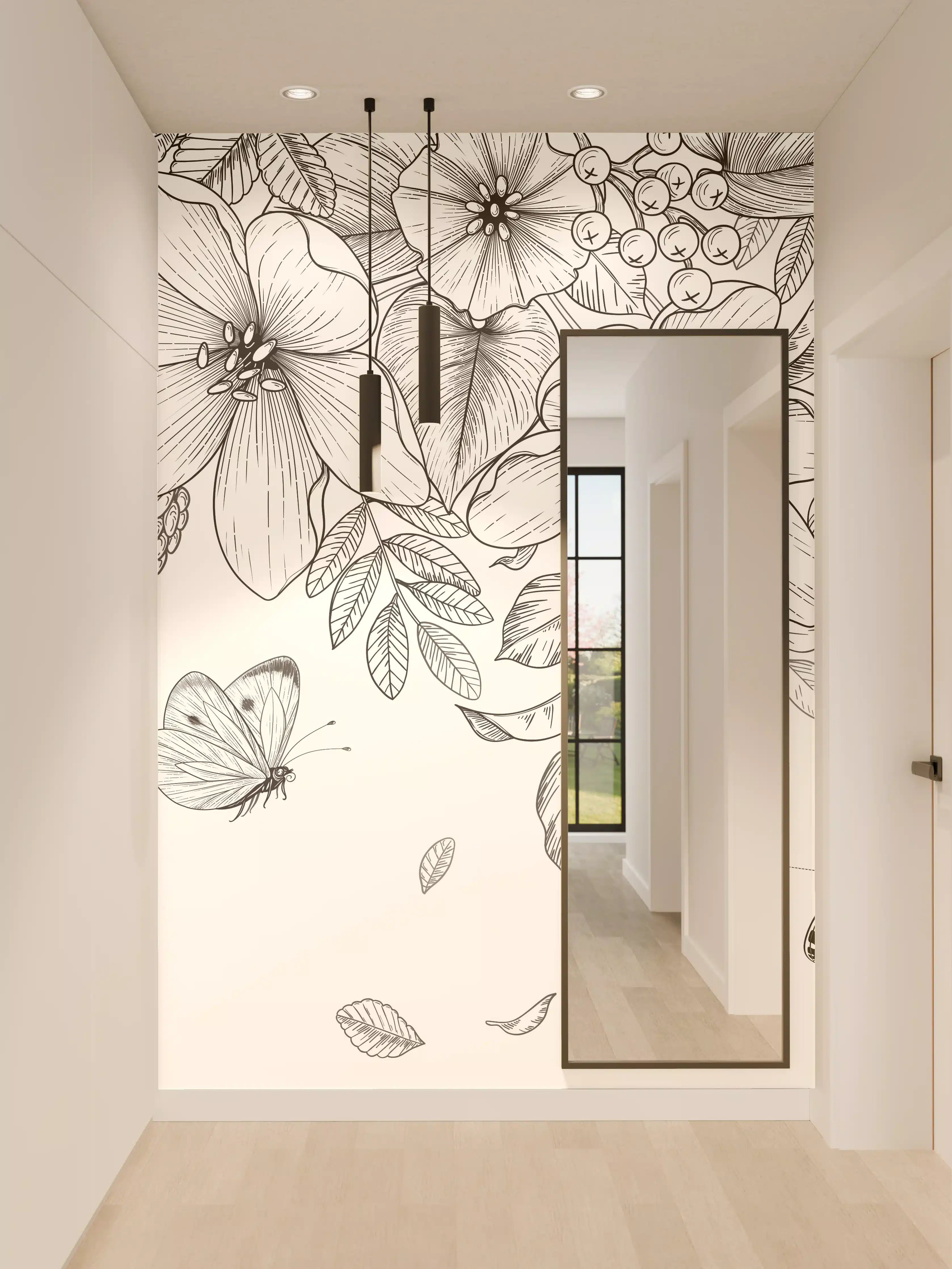 Wandverkleidung Flur - Schwarz-Weiß Floralzeichnung