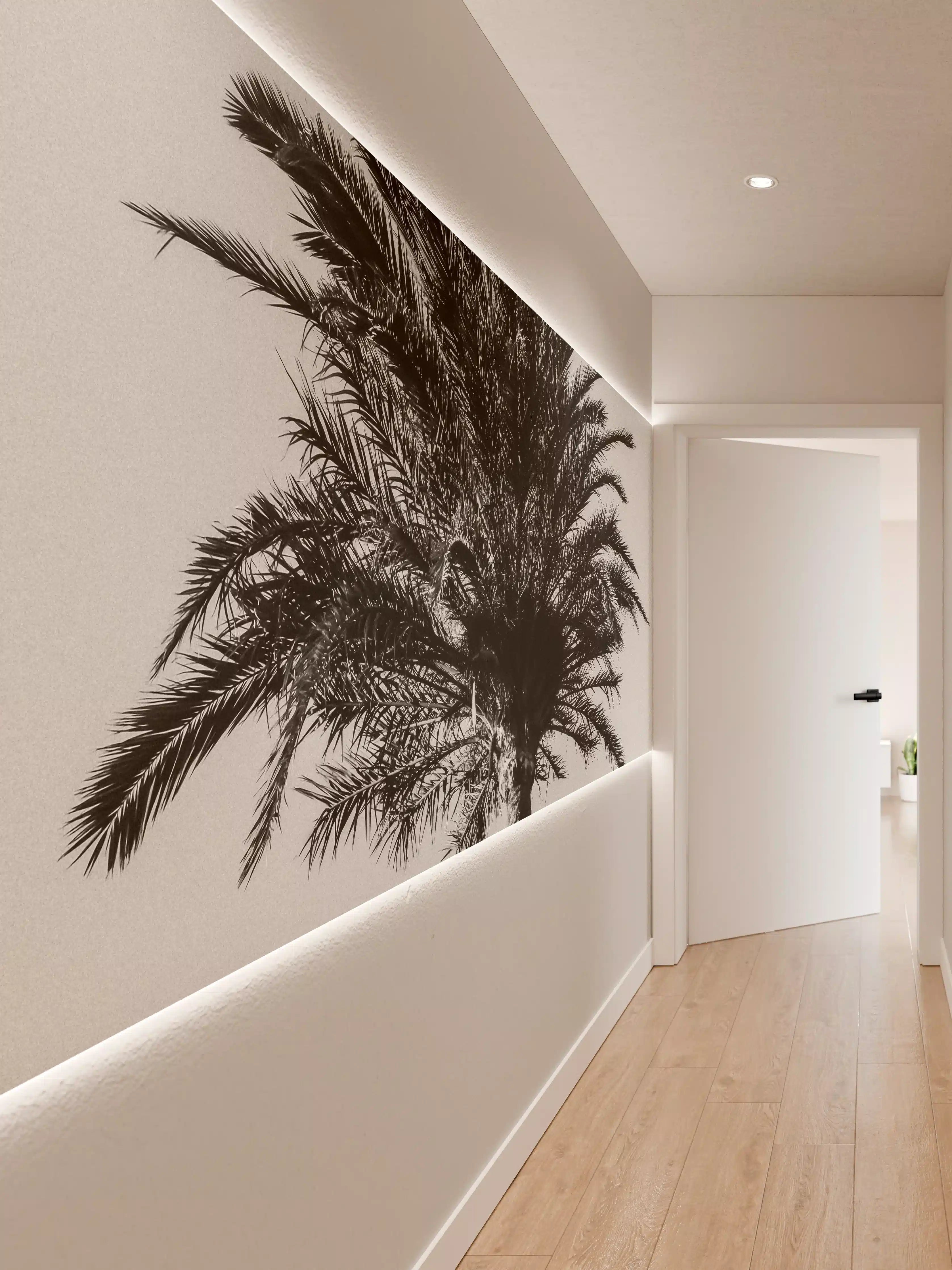 Wandverkleidung Flur - Schwarz-Weiß-Palme im Minimalismus-Stil