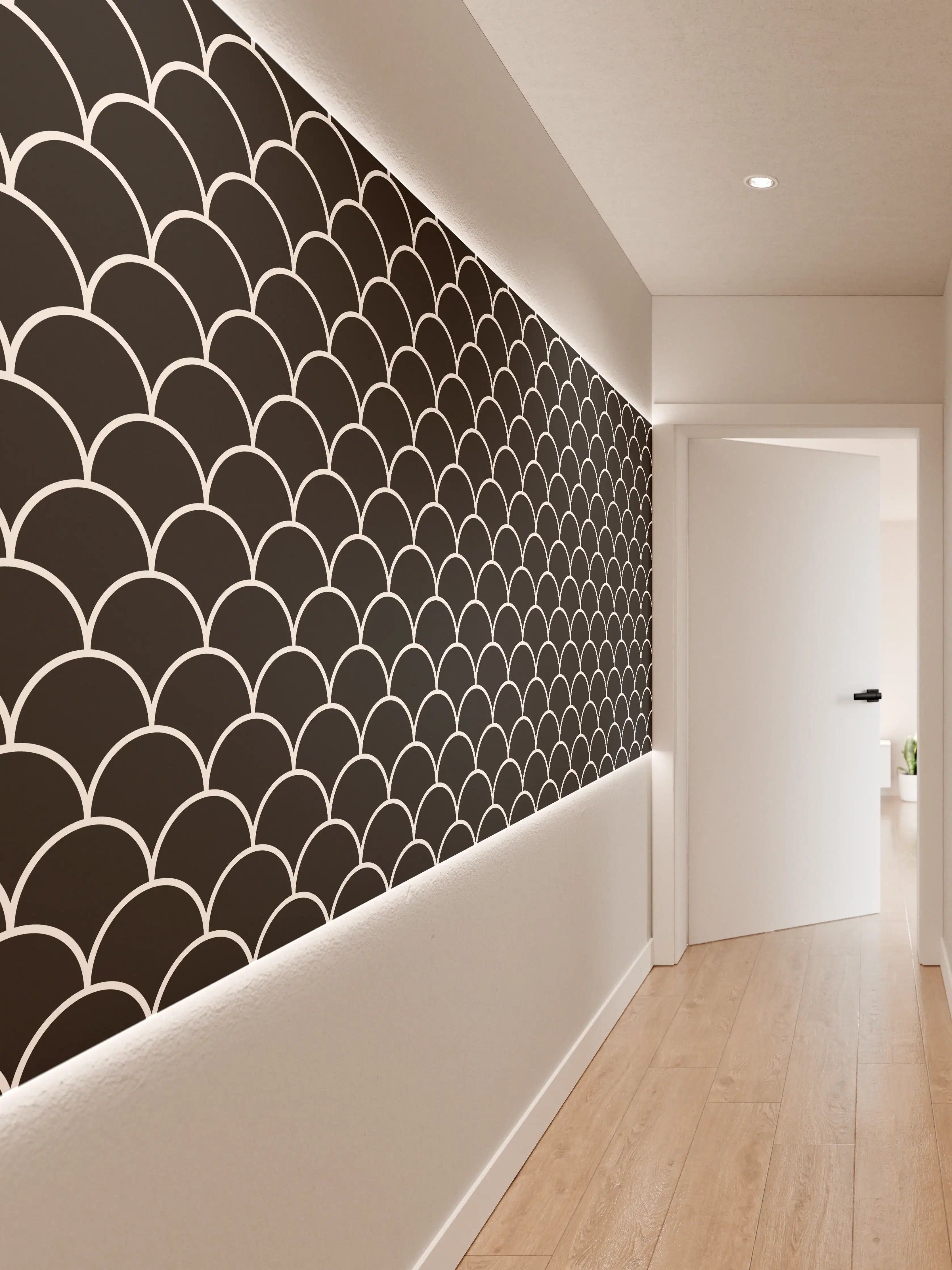 Wandverkleidung Flur - Schwarz-weiße Fischschuppen-Muster, elegant und zeitlos