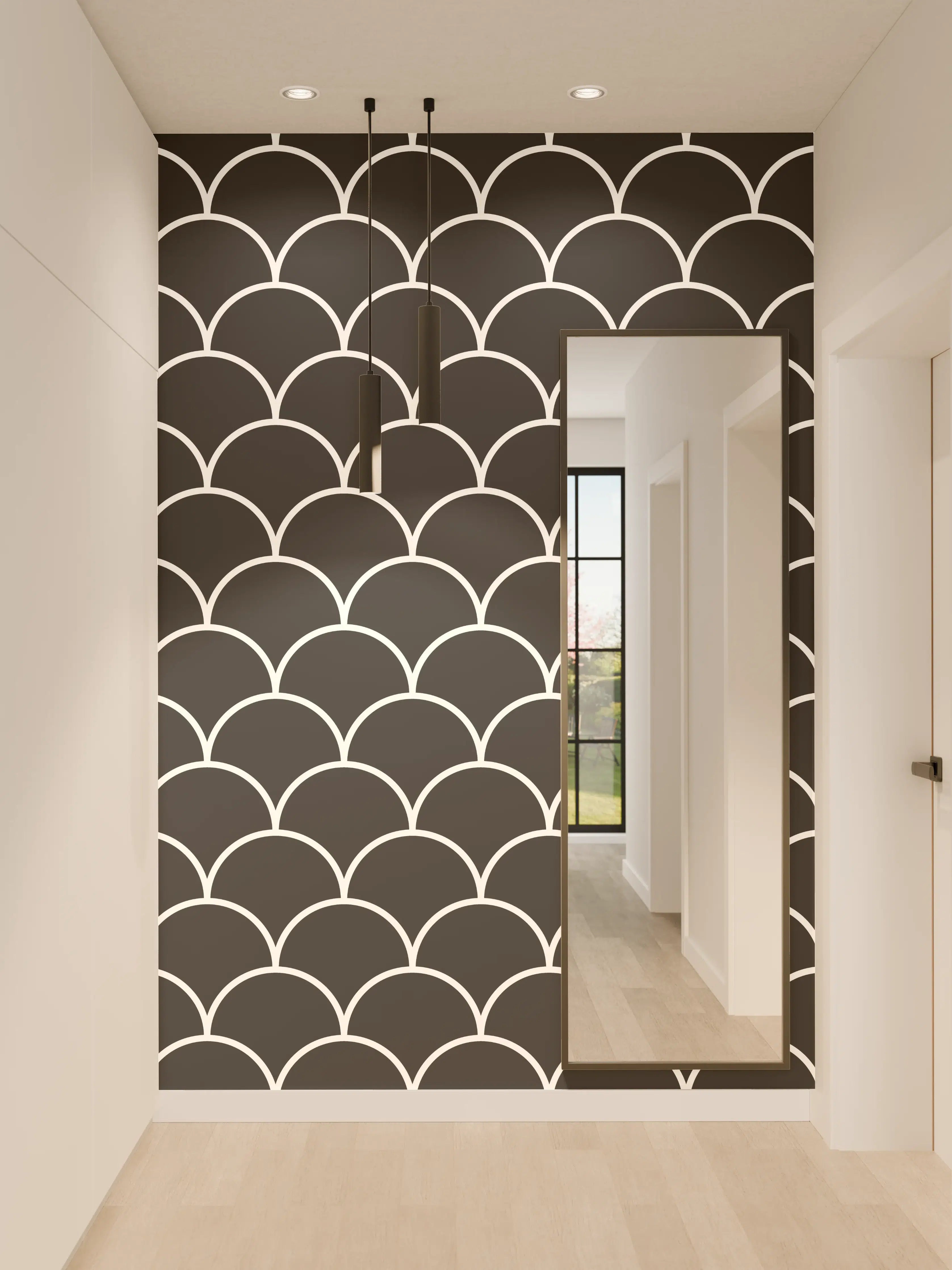 Wandverkleidung Flur - Schwarz-weiße Fischschuppen-Muster, elegant und zeitlos