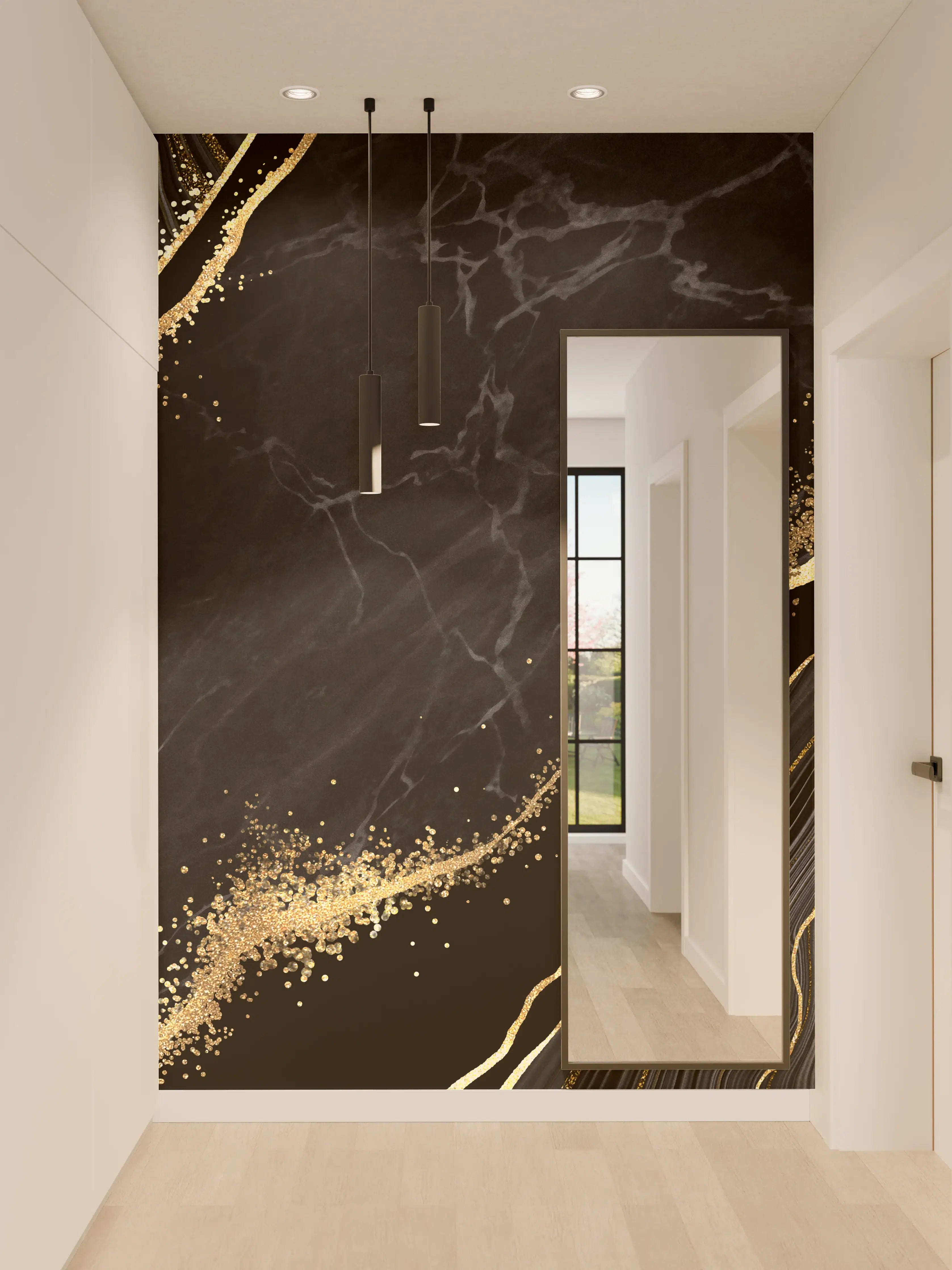 Wandverkleidung Flur - Schwarzer Marmor mit Gold- und Graunuancen