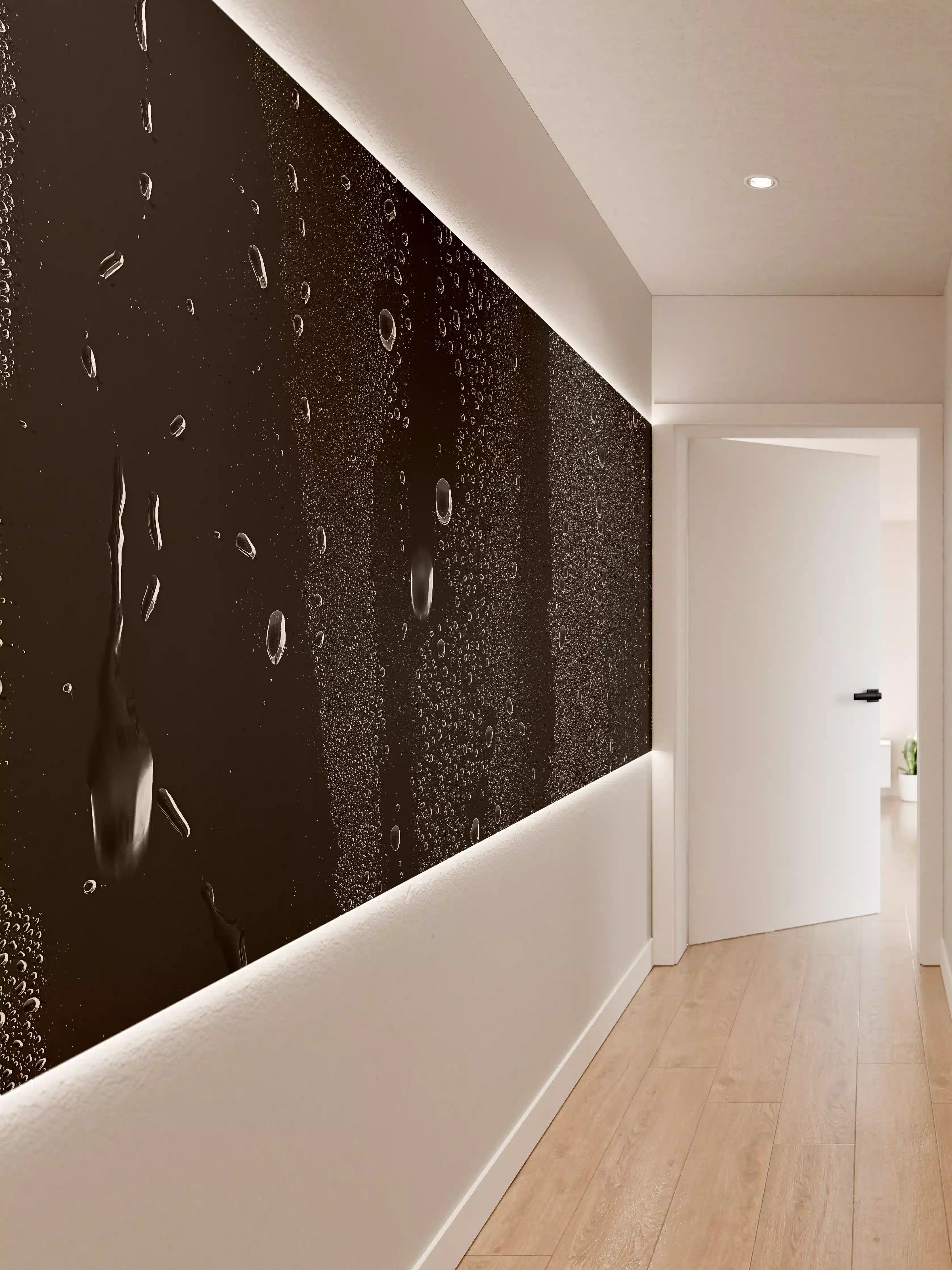 Wandverkleidung Flur - Schwarzes Glas mit Wassertropfen-Textur