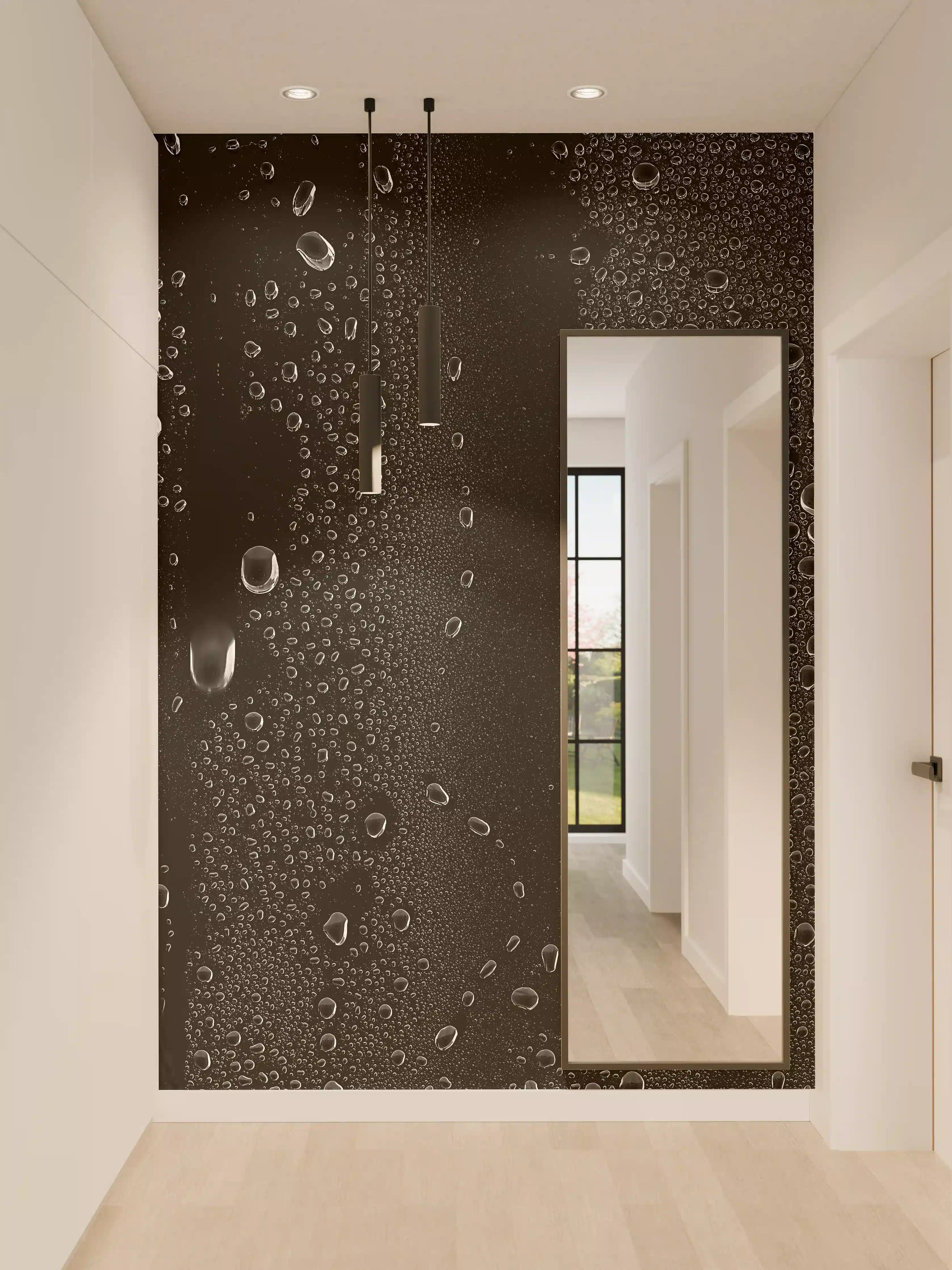 Wandverkleidung Flur - Schwarzes Glas mit Wassertropfen-Textur