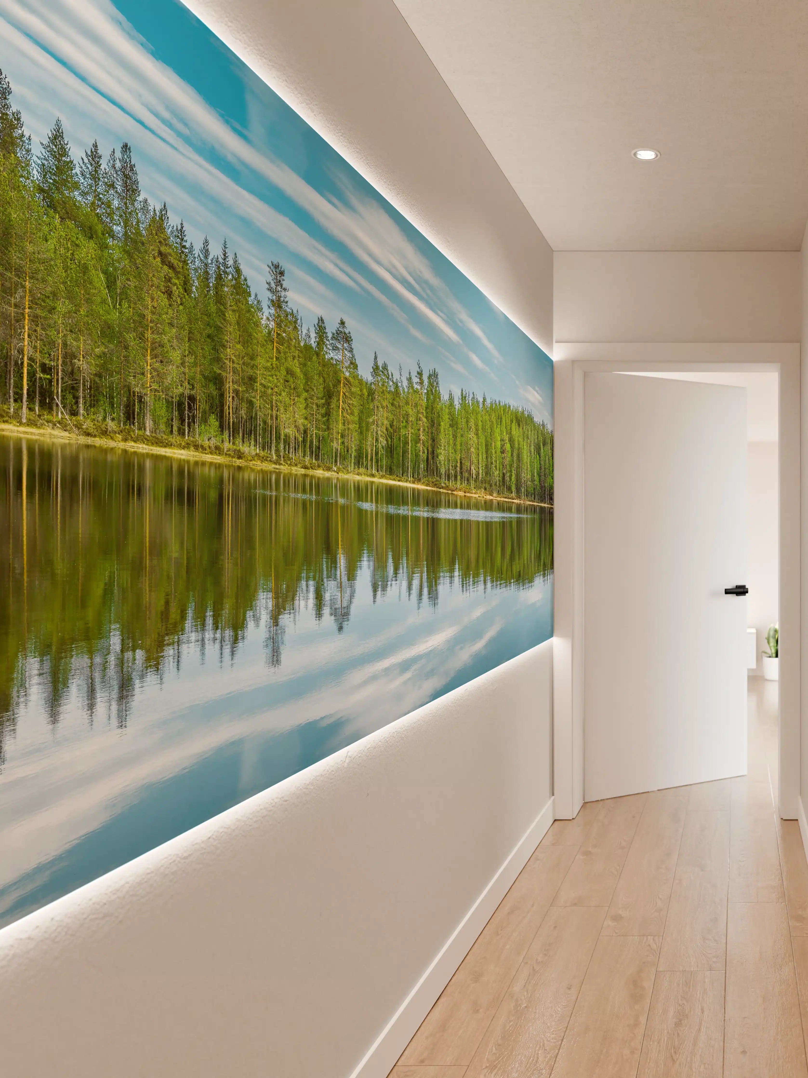 Wandverkleidung Flur - Schwedisches See-Panorama Grün-Blau