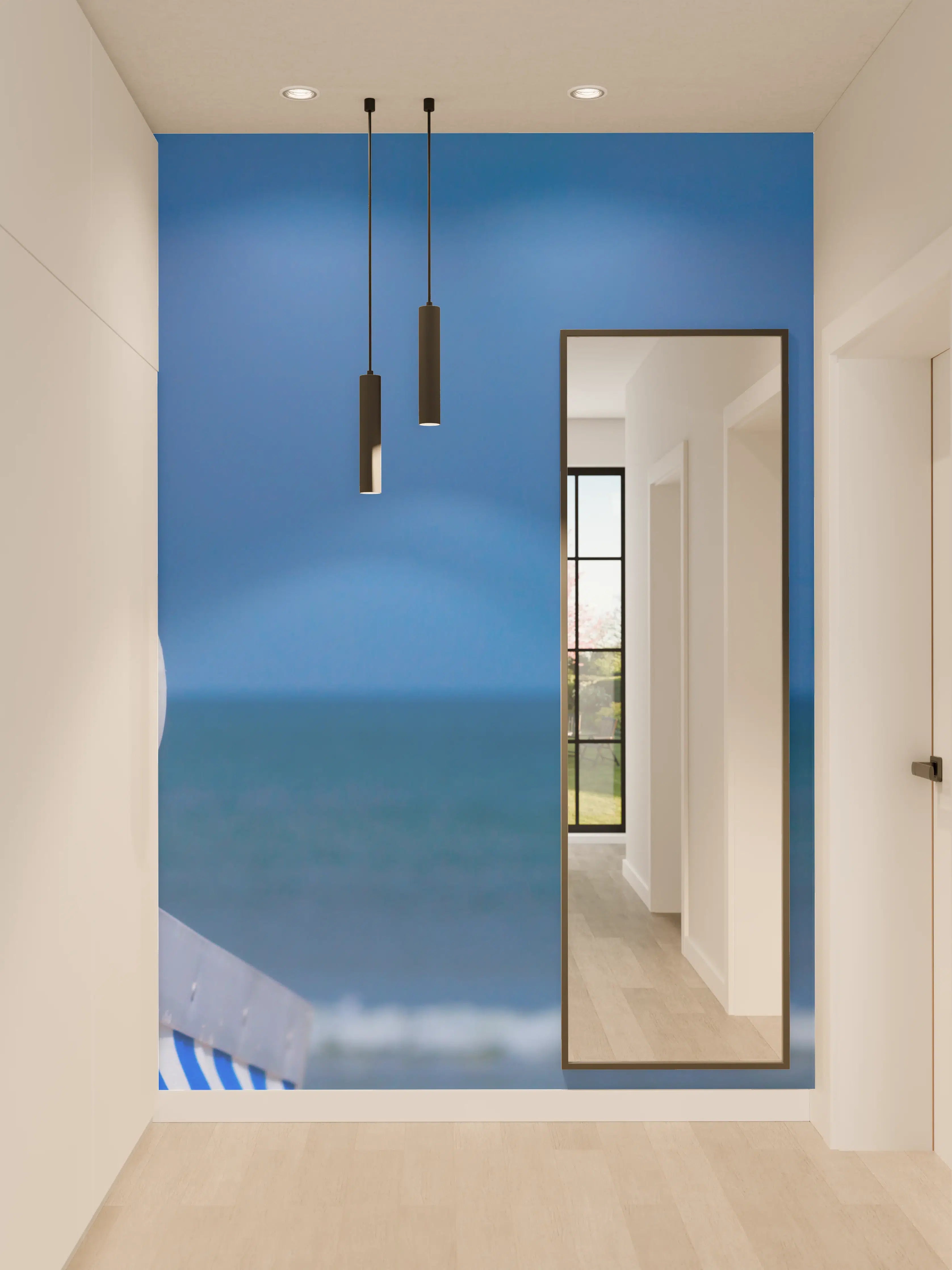 Wandverkleidung Flur - Seegull am Strand mit blauem Hintergrund