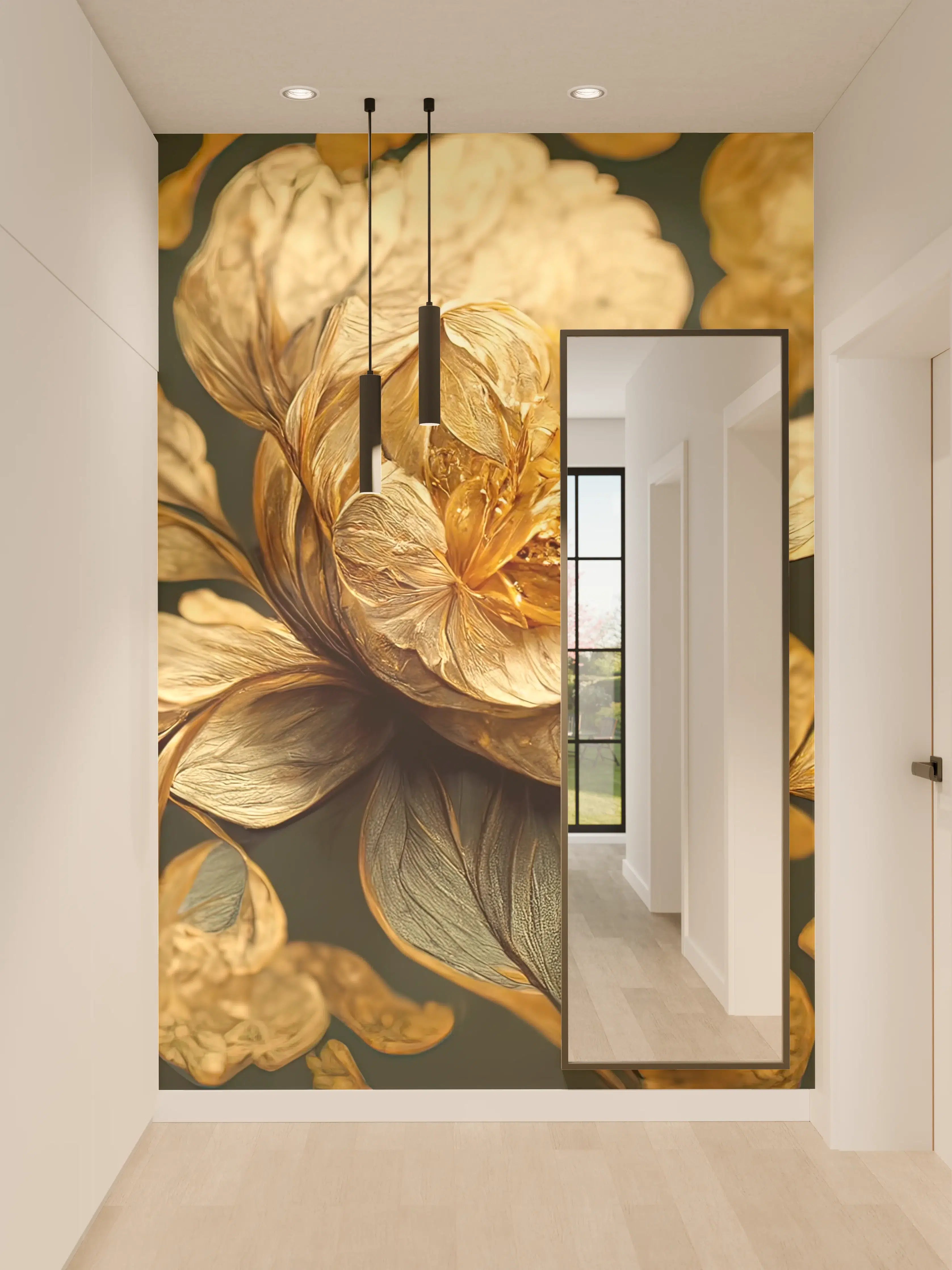 Wandverkleidung Flur - Silberne Blüten vor dunklem Grau