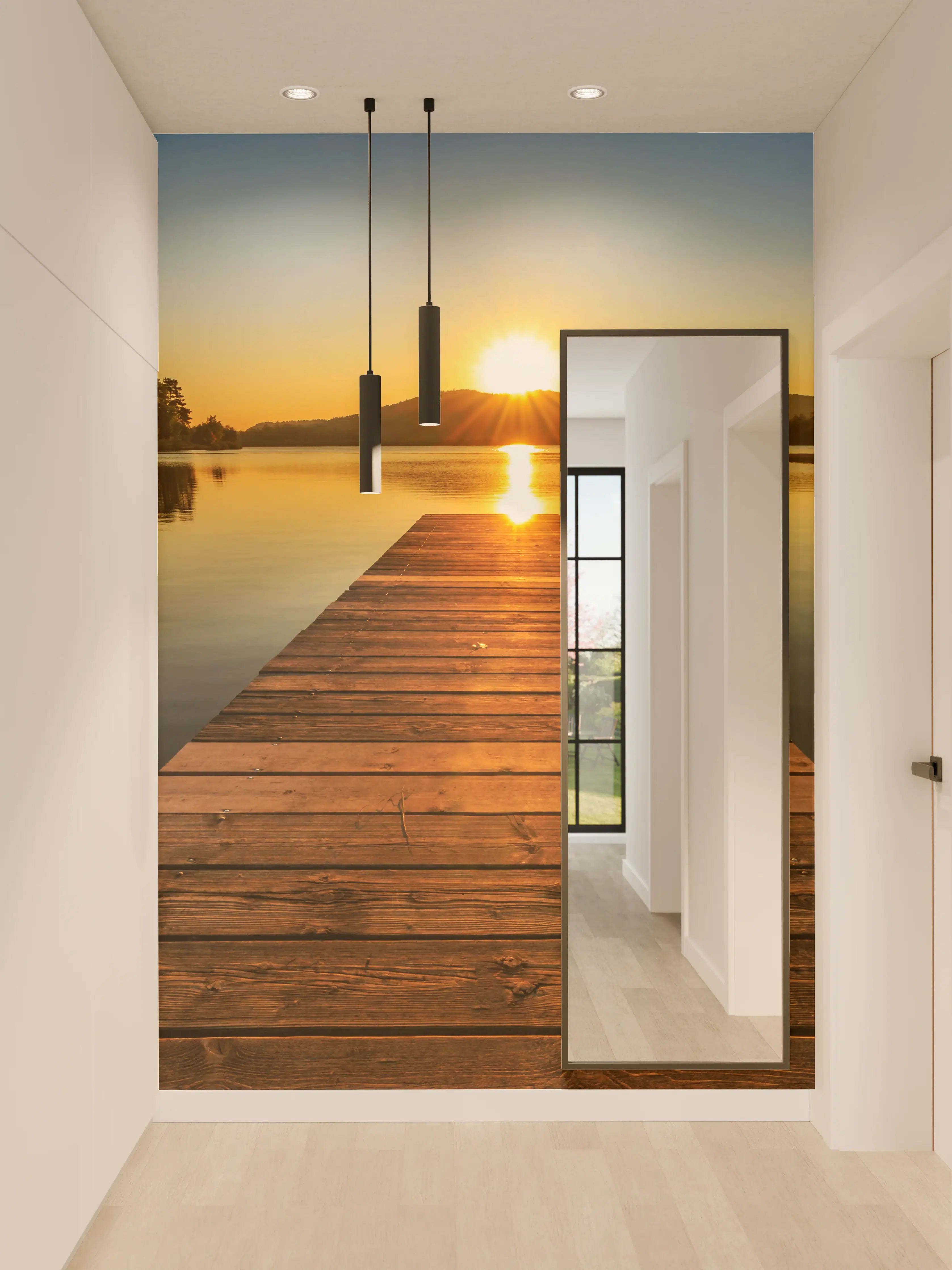 Wandverkleidung Flur - Silberner Sonnenuntergang am Wassersteg