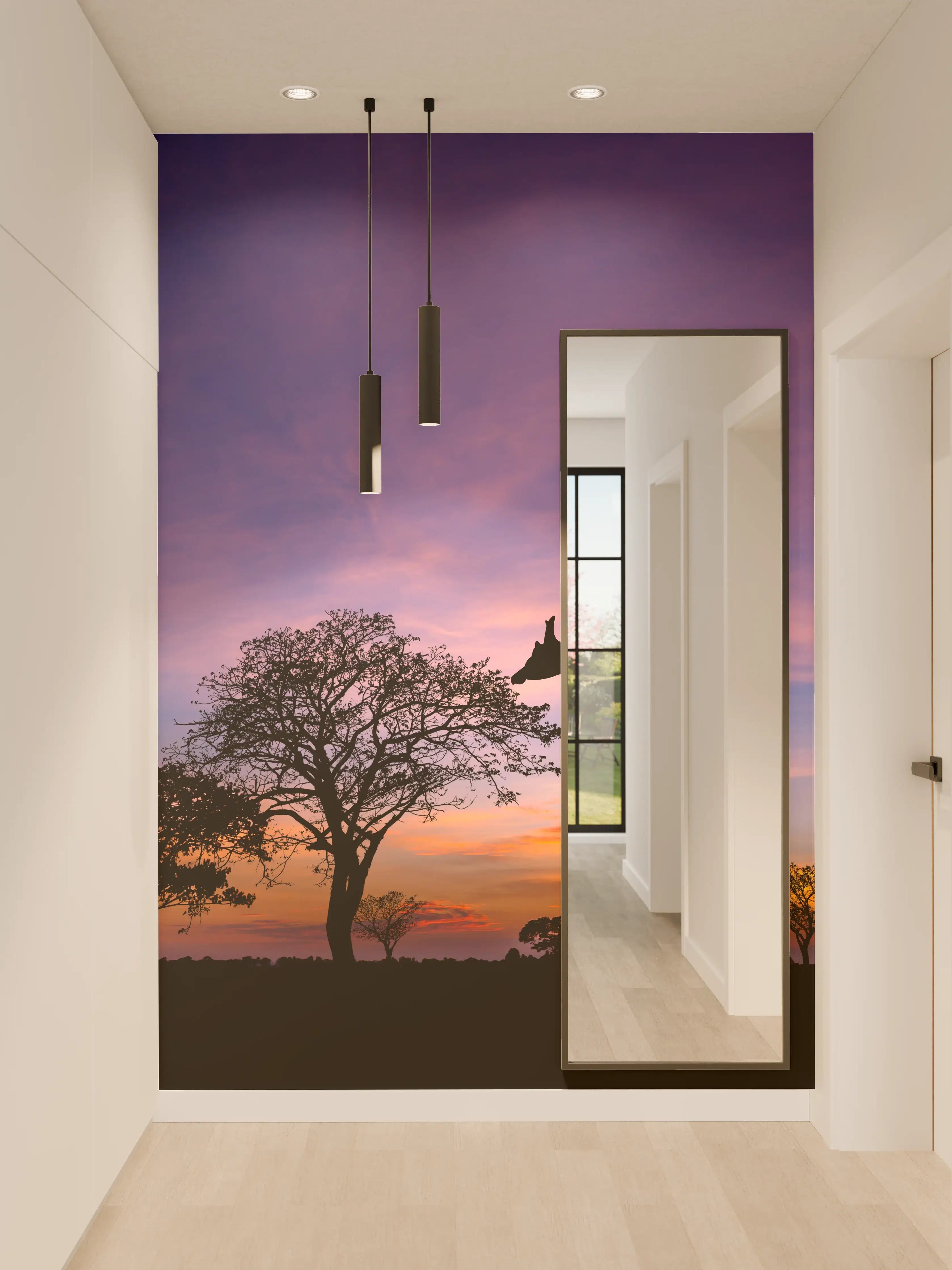 Wandverkleidung Flur - Silhouette - Giraffenfamilie bei Sonnenuntergang