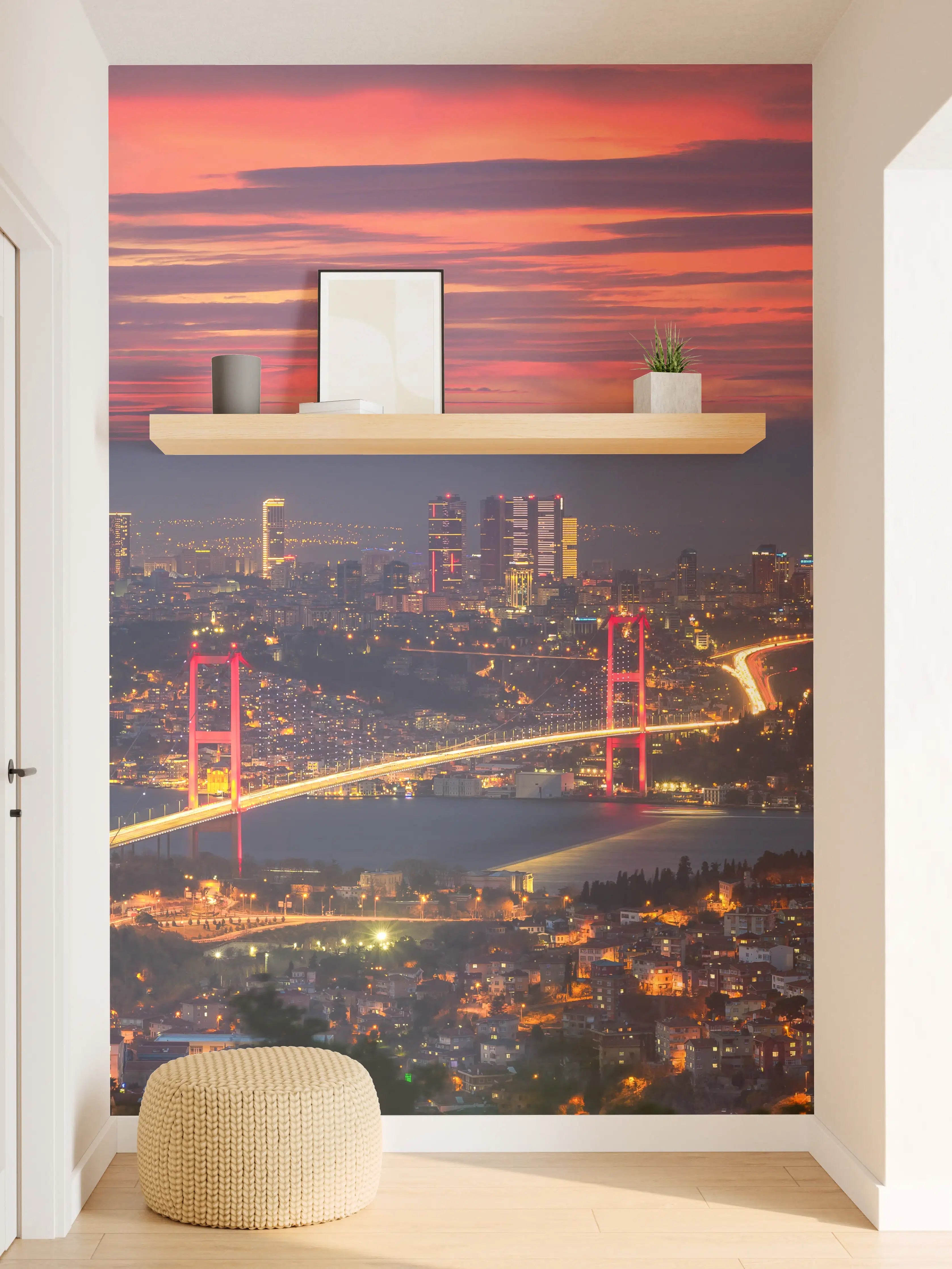 Wandverkleidung Flur - Skyline bei Sonnenuntergang mit beleuchteter Brücke