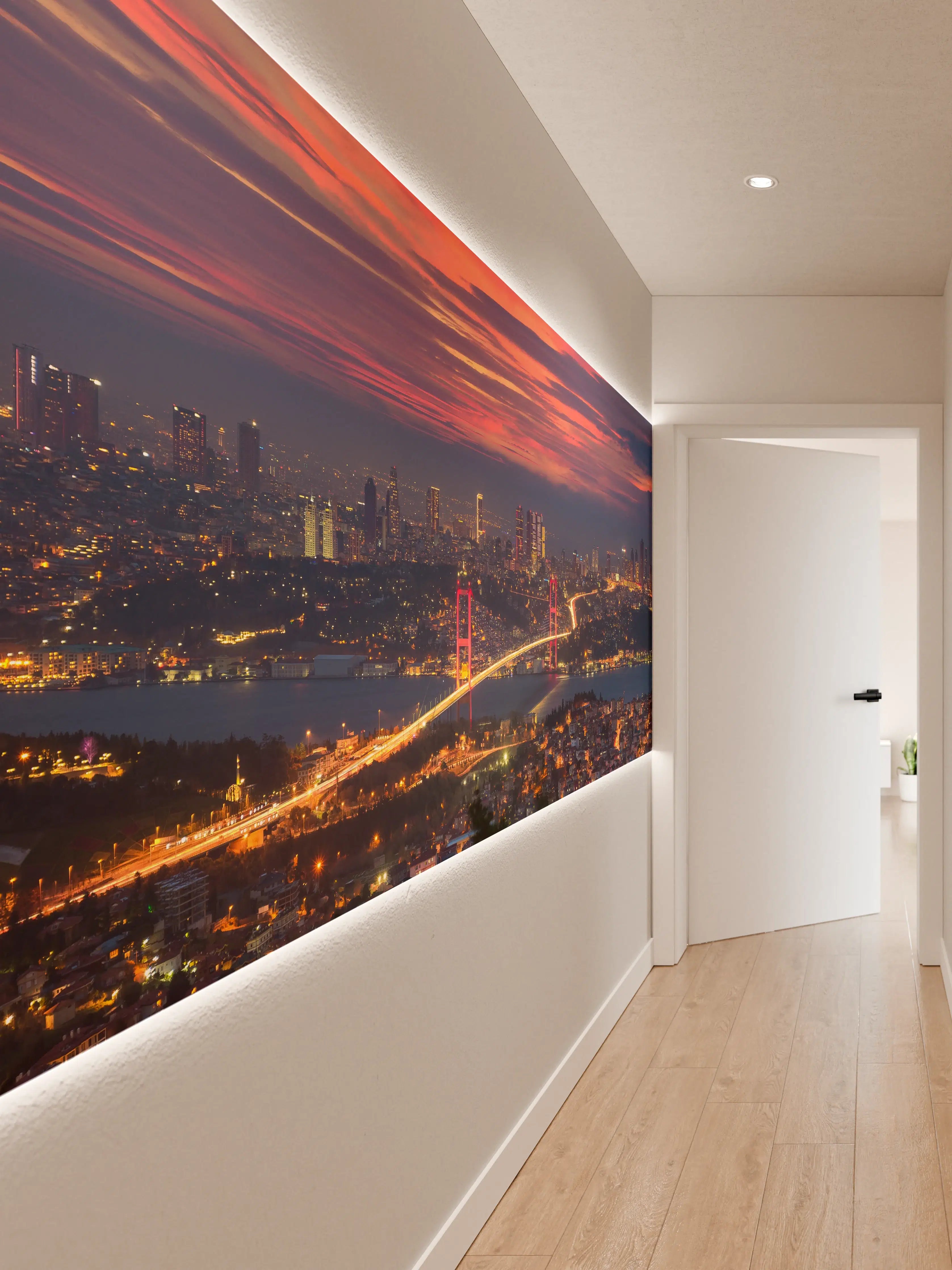 Wandverkleidung Flur - Skyline bei Sonnenuntergang mit beleuchteter Brücke