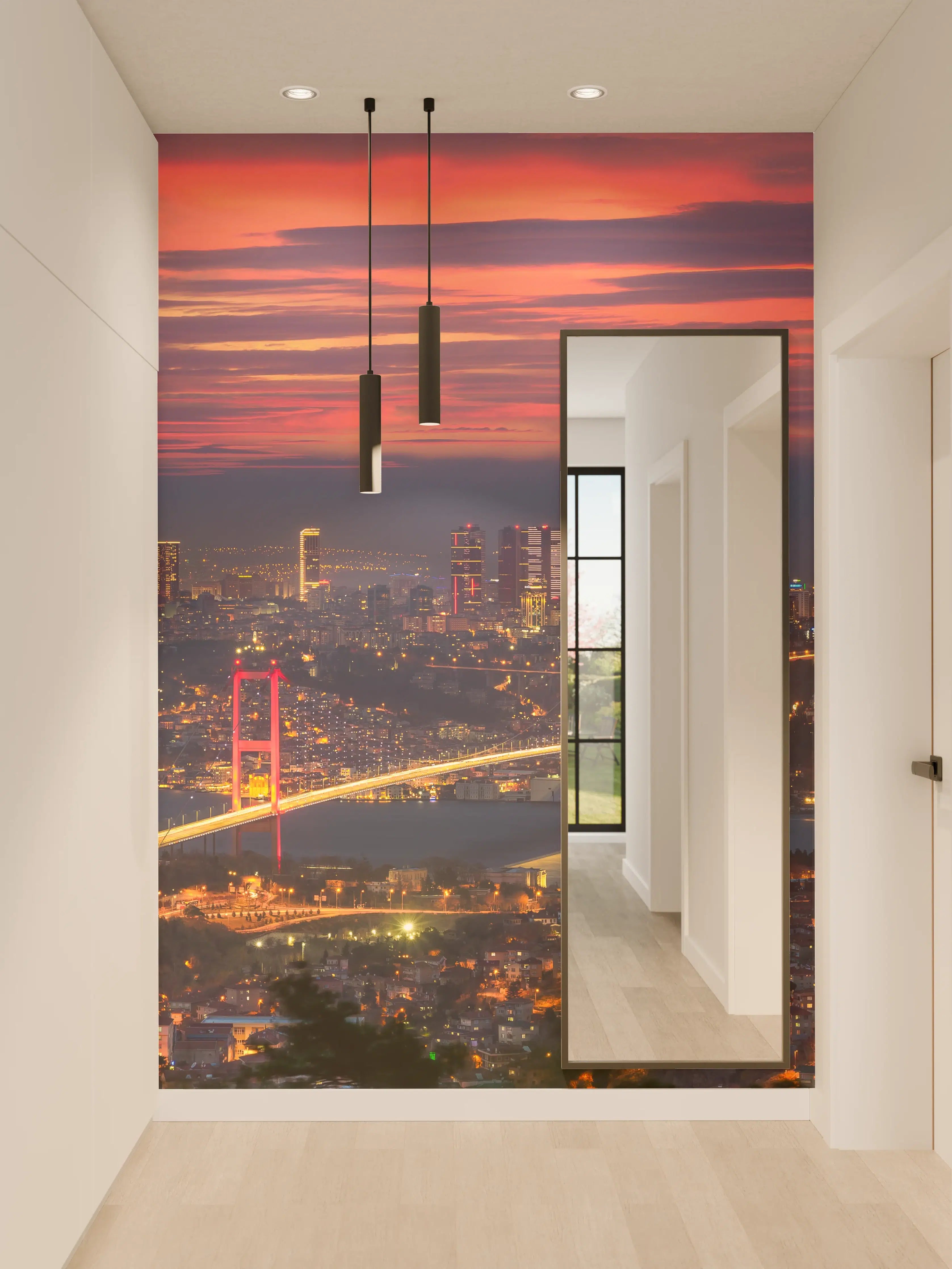 Wandverkleidung Flur - Skyline bei Sonnenuntergang mit beleuchteter Brücke