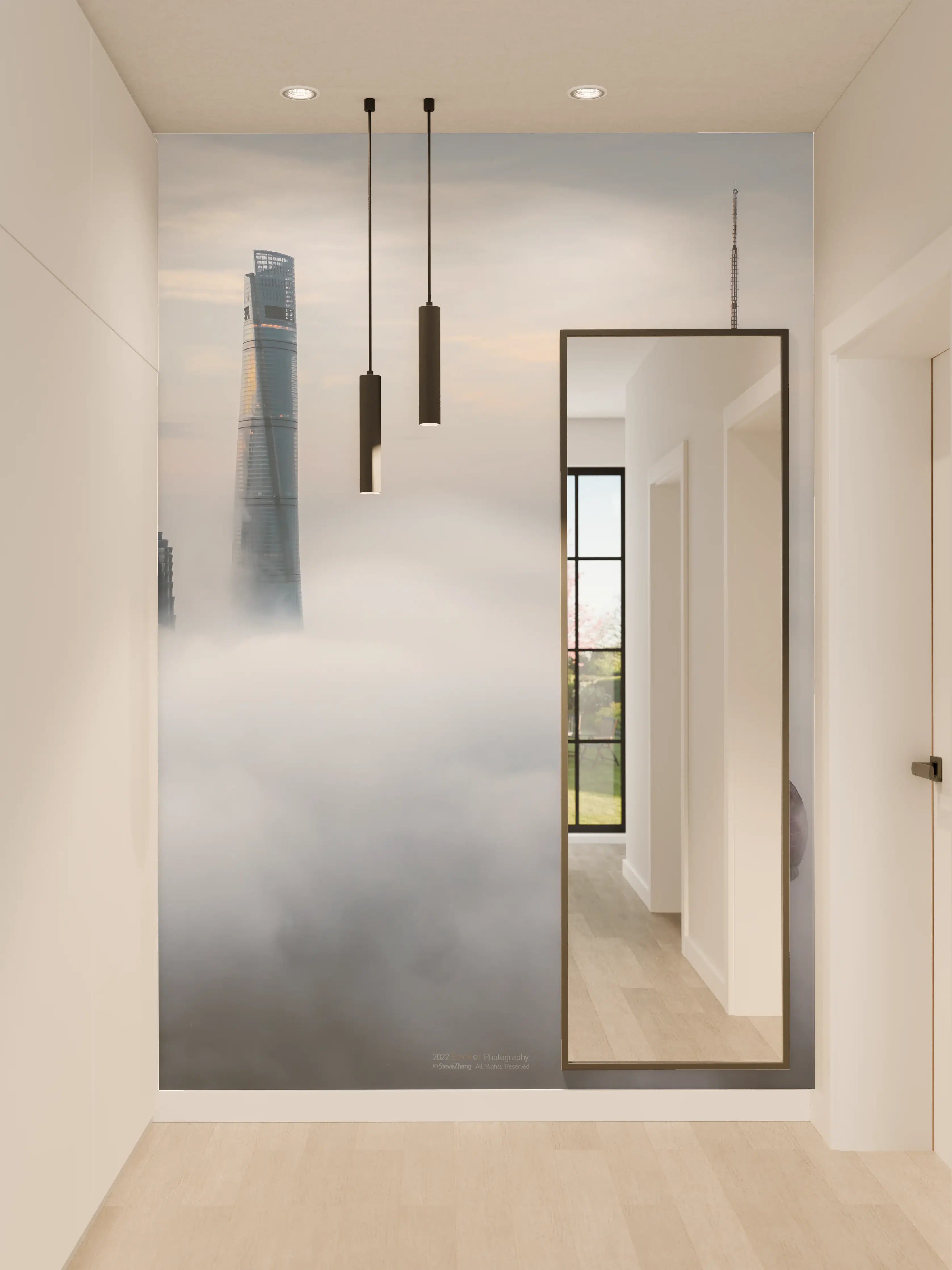 Wandverkleidung Flur - Skyline über Shanghai im Nebel