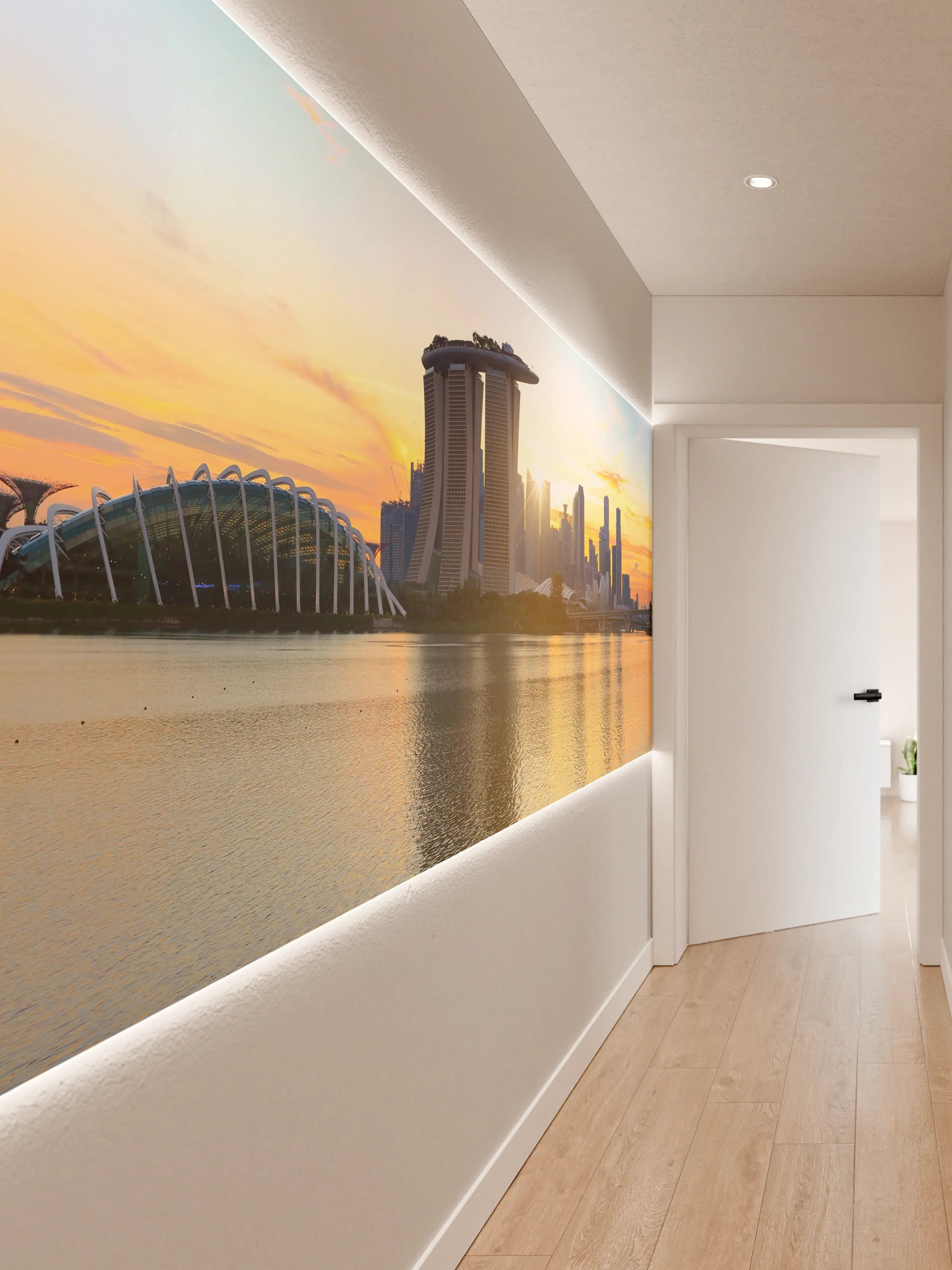 Wandverkleidung Flur - Skyline von Singapur bei Sonnenuntergang