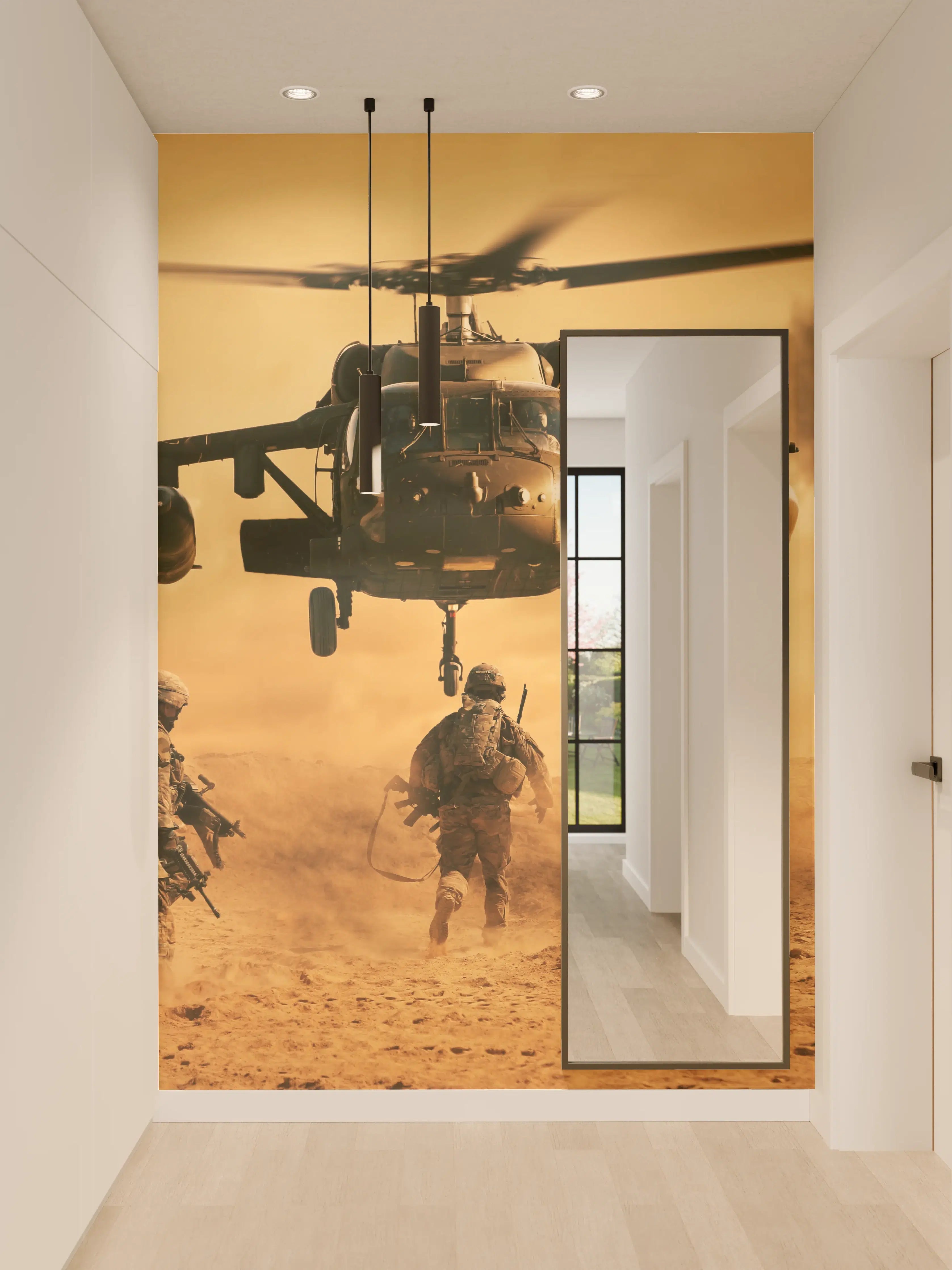 Wandverkleidung Flur - Soldaten rennen auf dem Schlachtfeld zum Hubschrauber