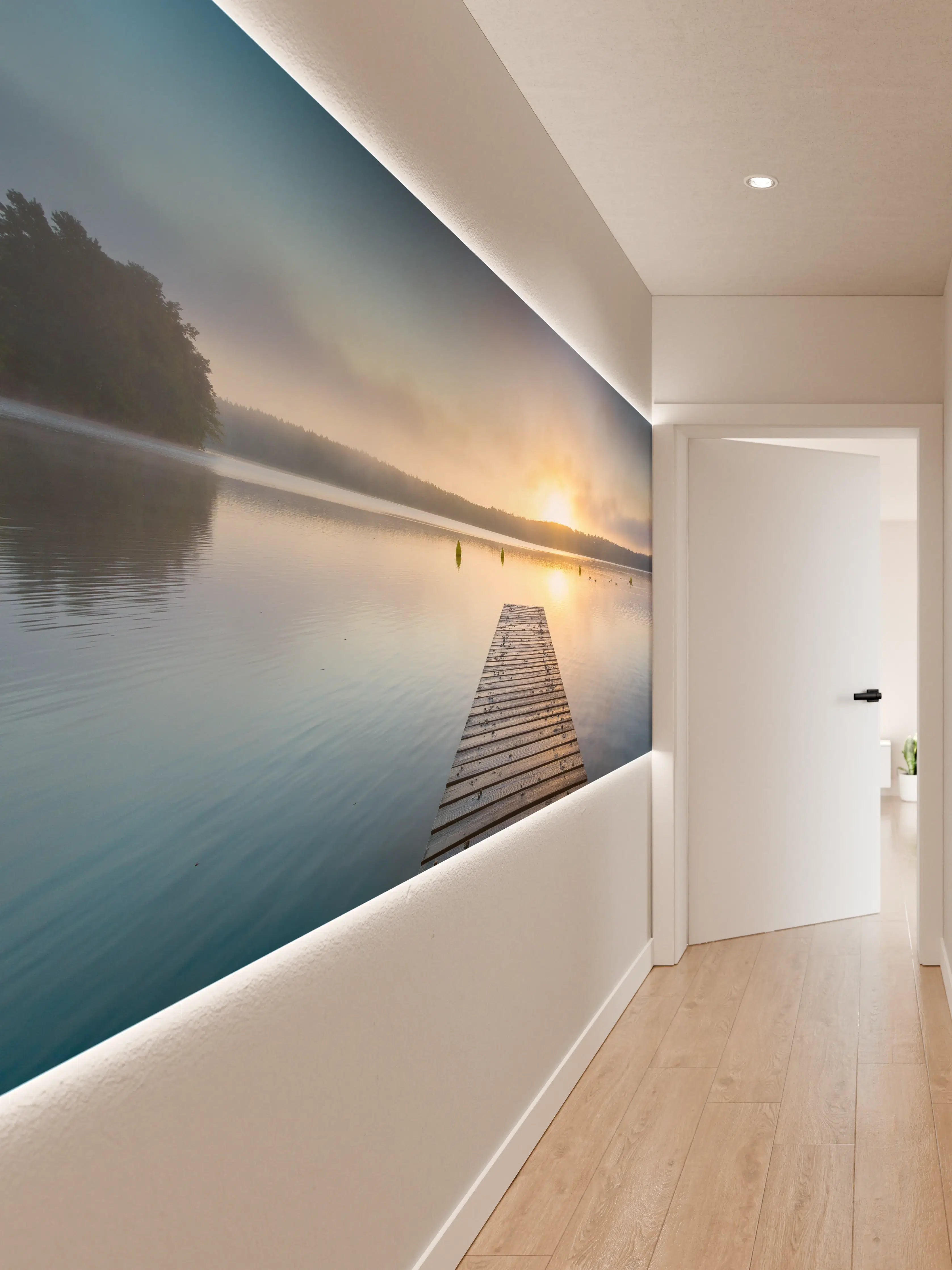 Wandverkleidung Flur - Sonnenaufgang am See mit Nebel