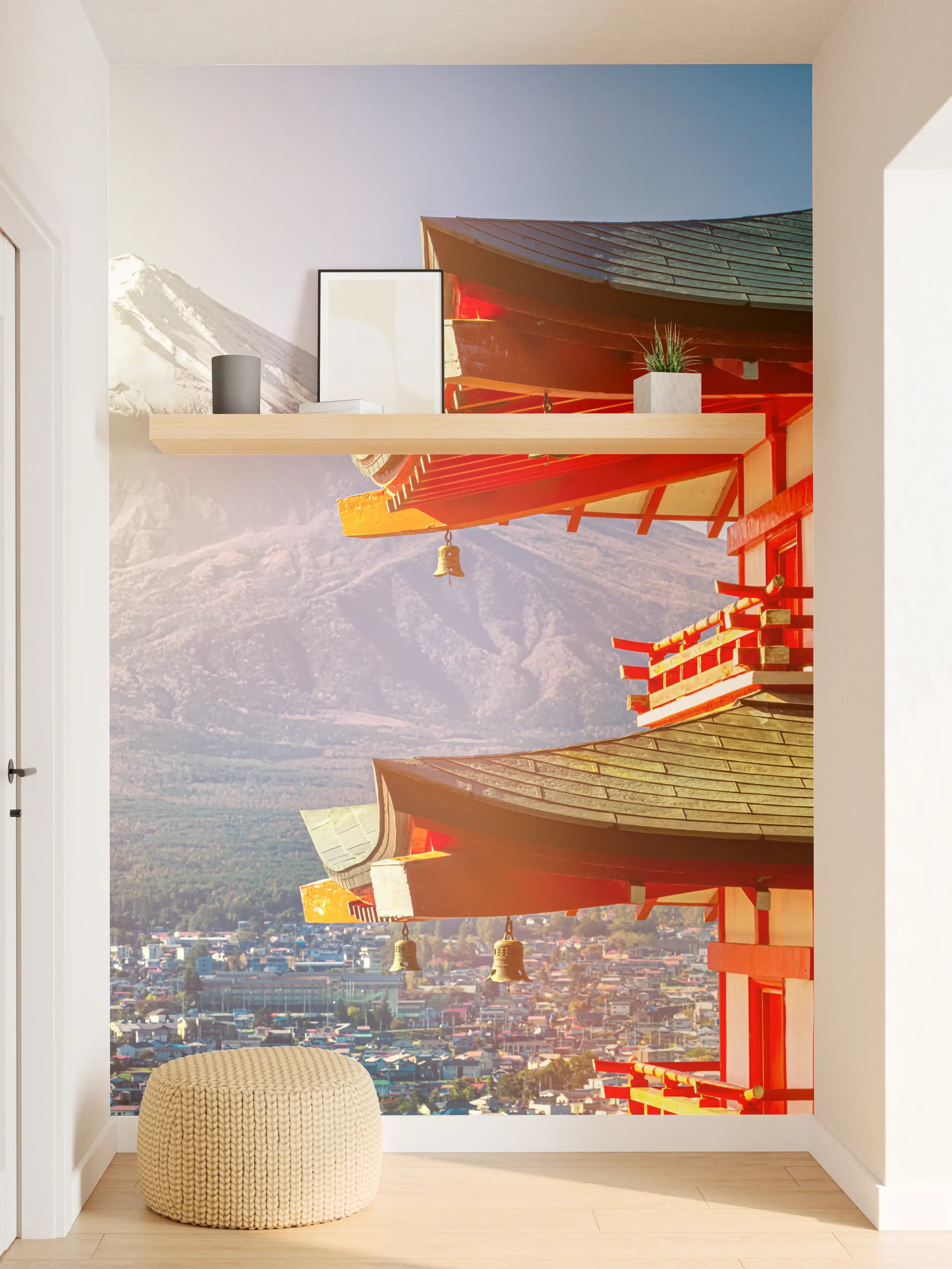 Wandverkleidung Flur - Sonnenaufgang des Berges Fuji und rote Pagode