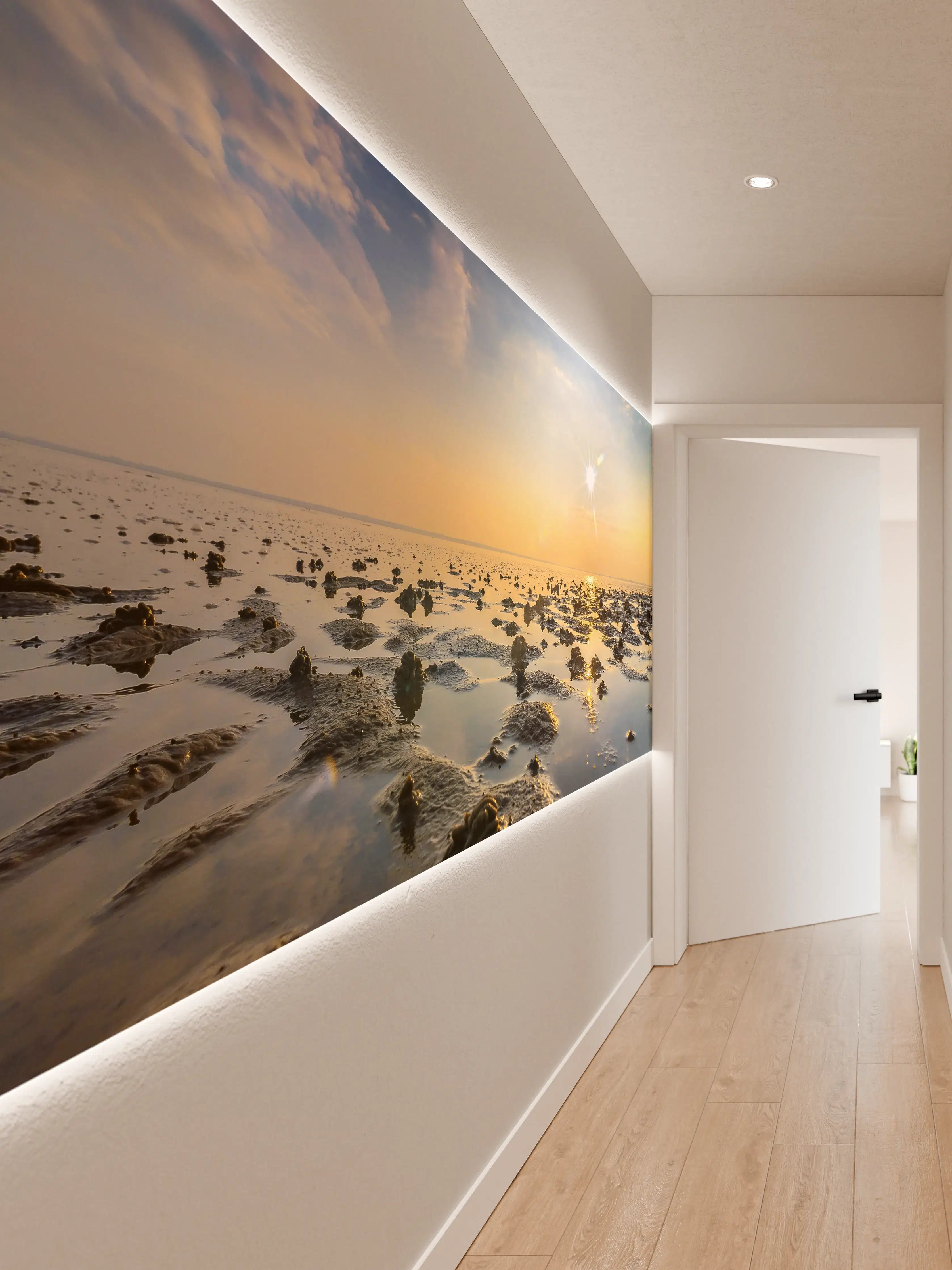 Wandverkleidung Flur - Sonnenuntergang am Meer mit Ebbe